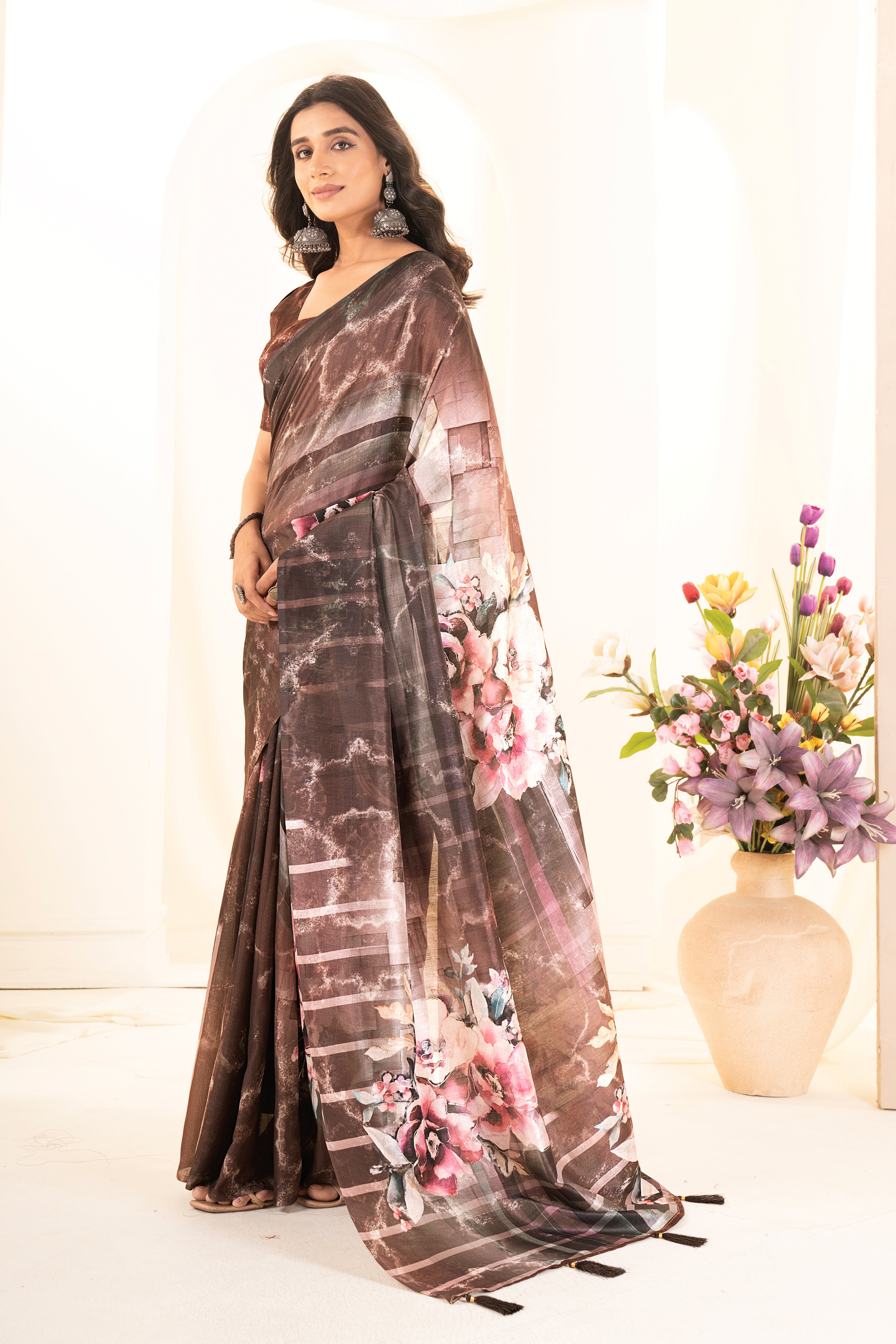 Coffee Tussar Silk Floral Saree