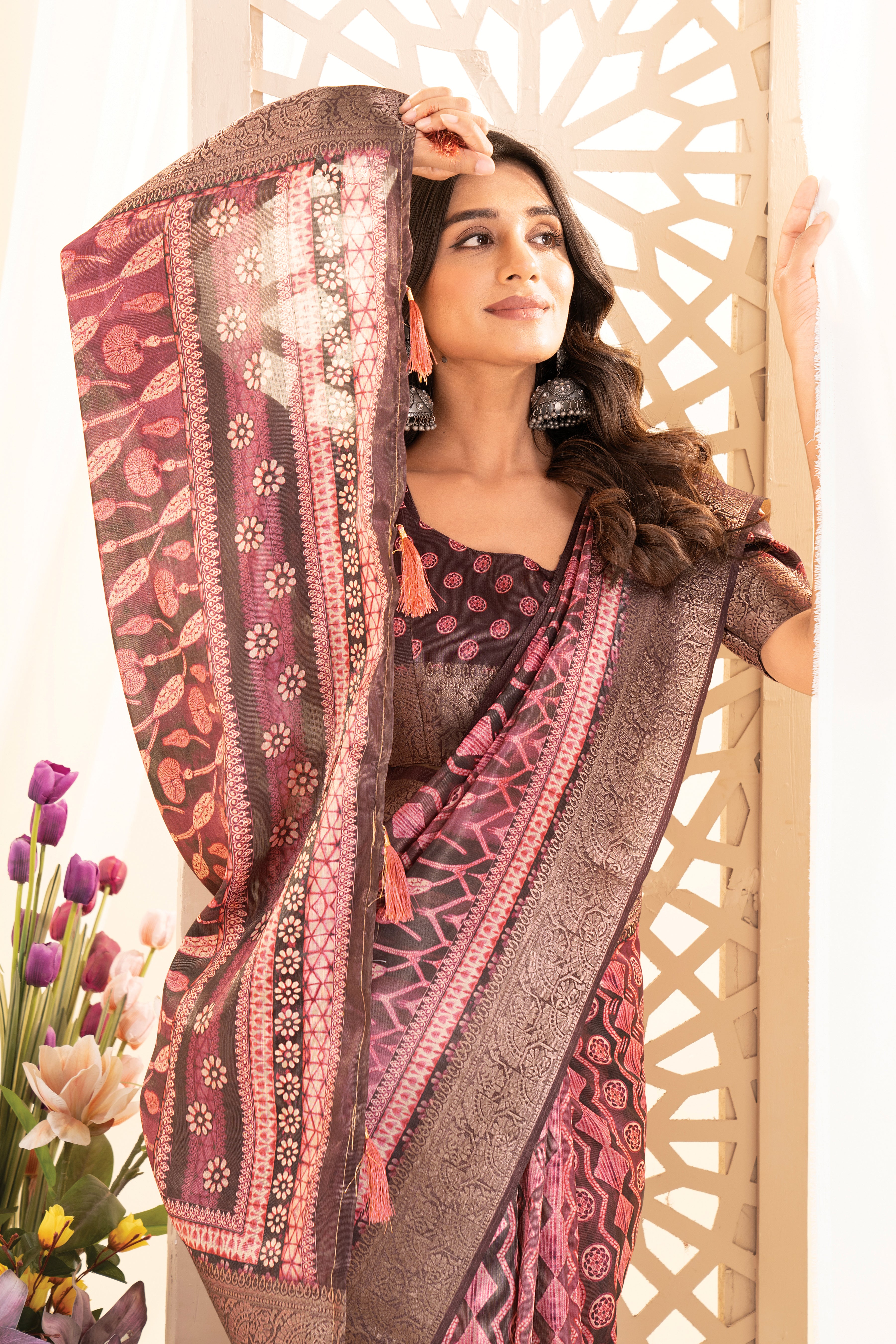 Cherry Red Tussar Silk Ajrak Saree