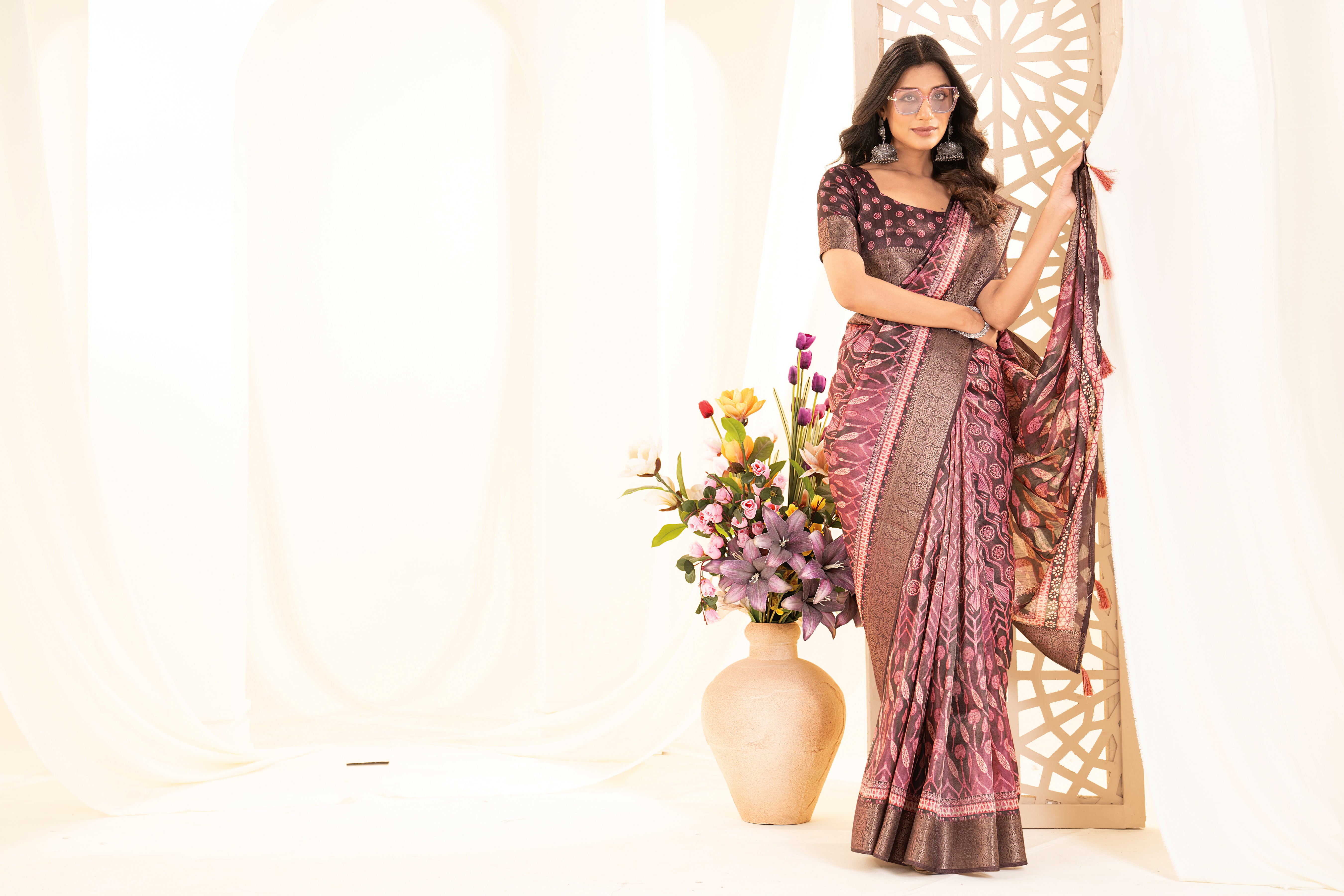 Cherry Red Tussar Silk Ajrak Saree