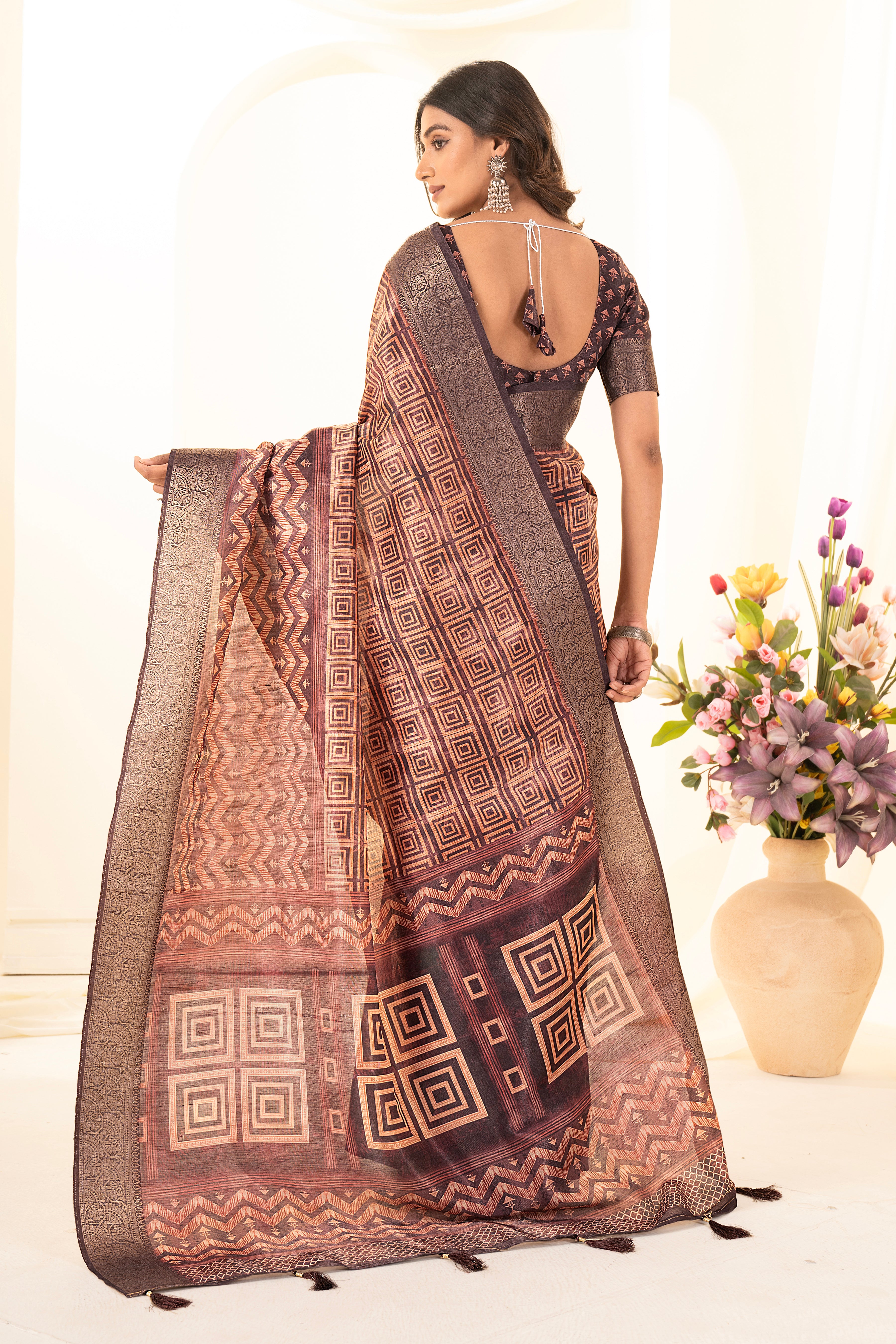 Maroon Tussar Silk Ajrak Saree