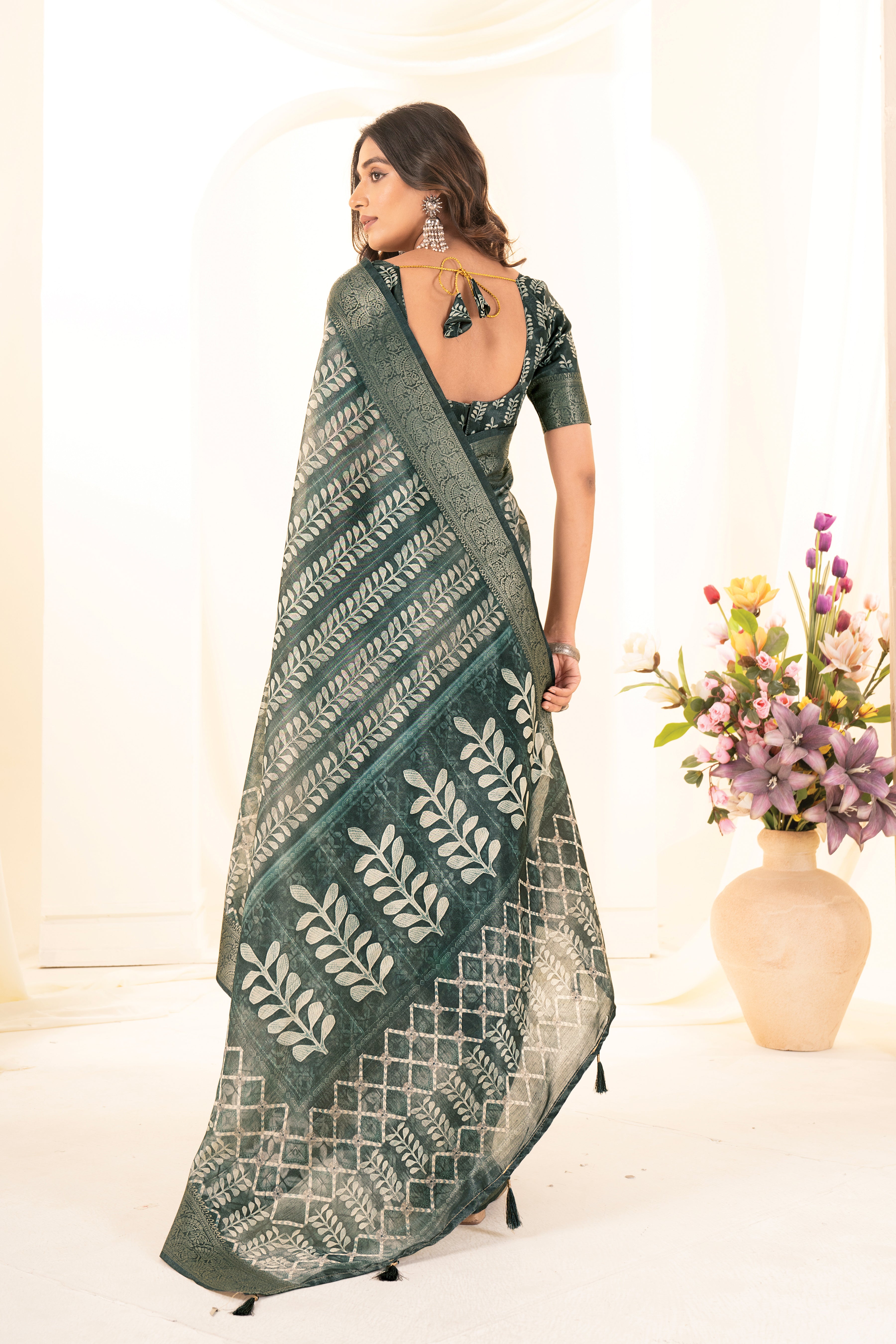 Rama Green Tussar Silk Ajrak Saree