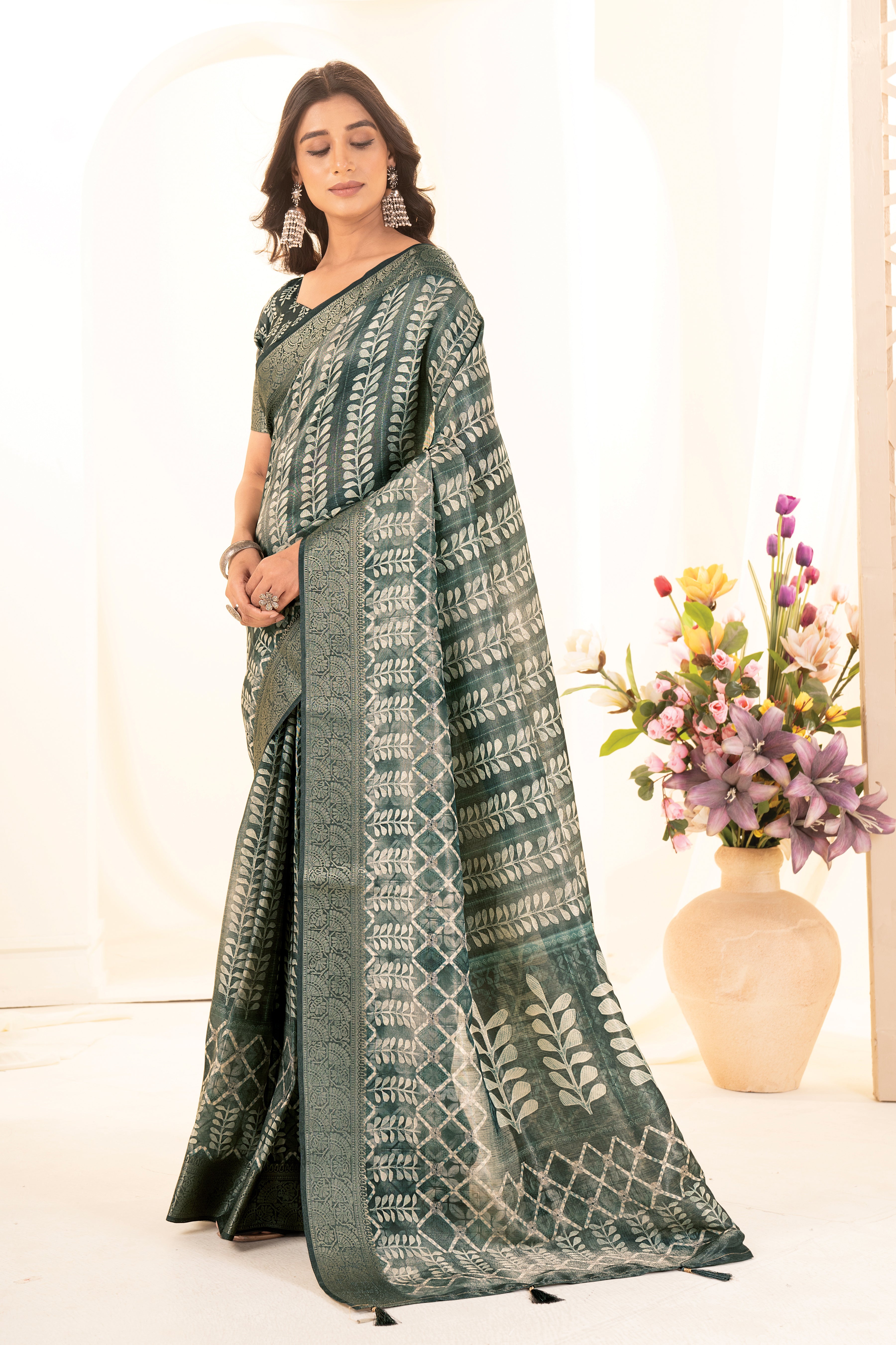 Rama Green Tussar Silk Ajrak Saree