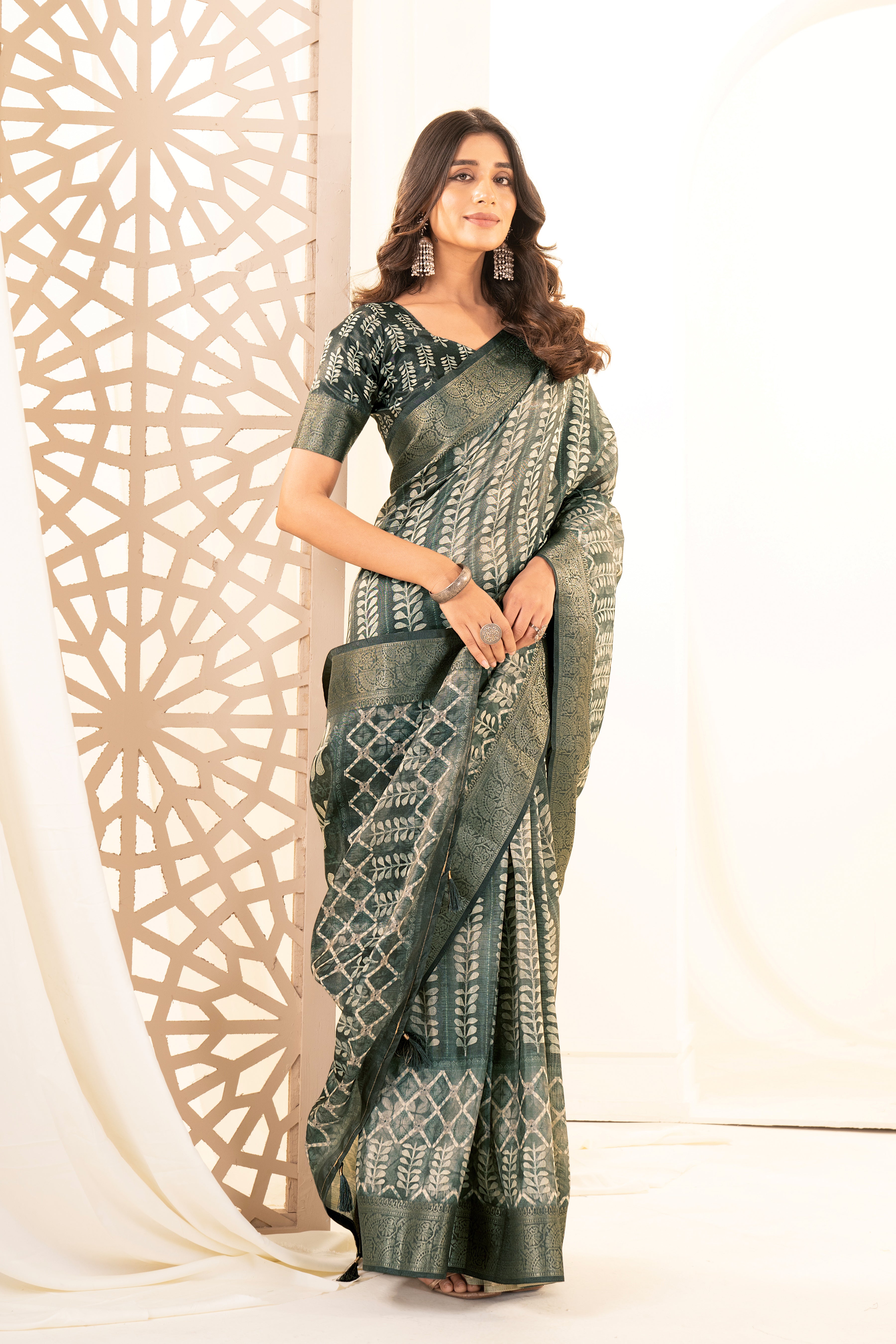 Rama Green Tussar Silk Ajrak Saree