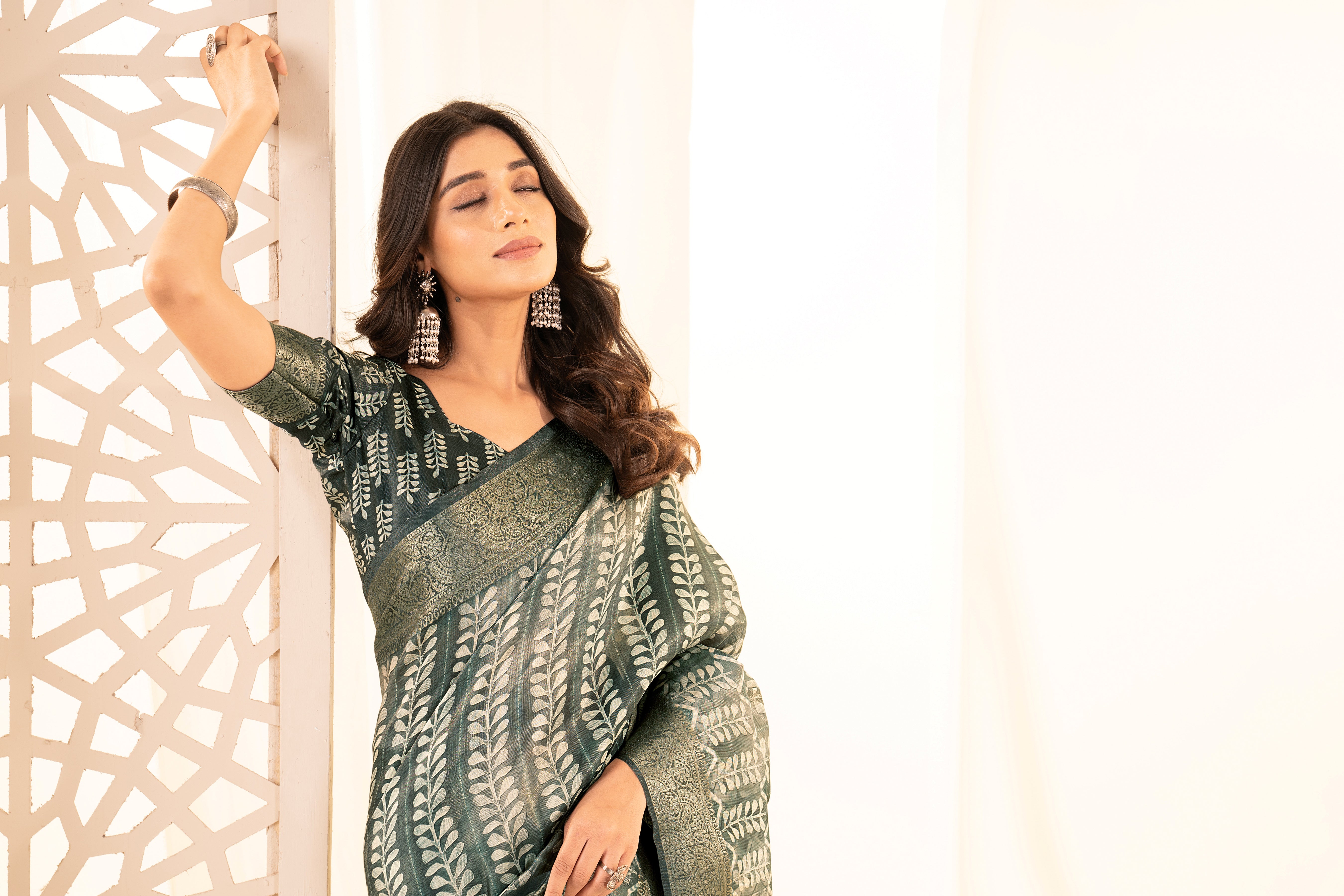 Rama Green Tussar Silk Ajrak Saree