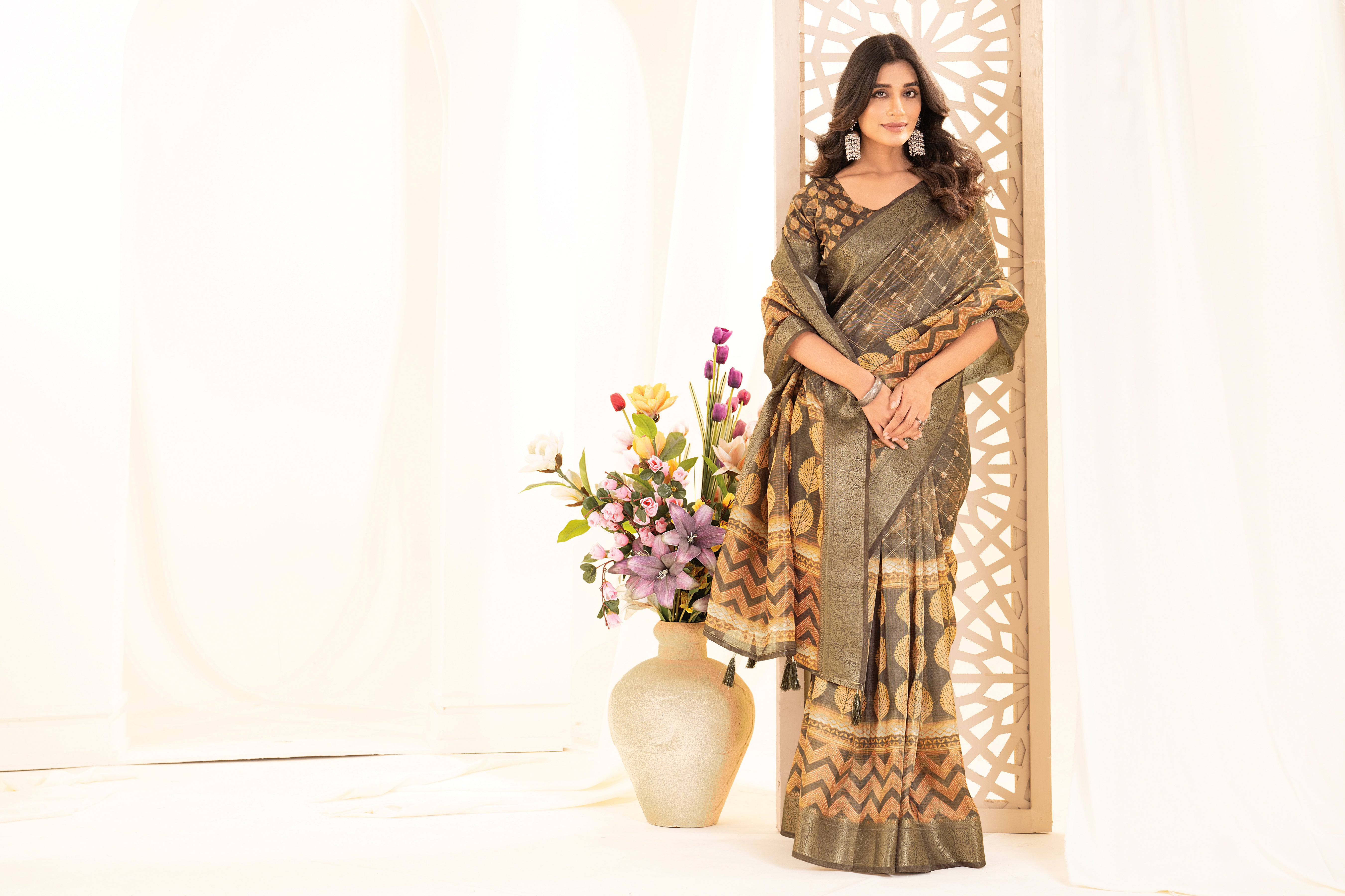 Green Orange Tussar Silk Ajrak Saree