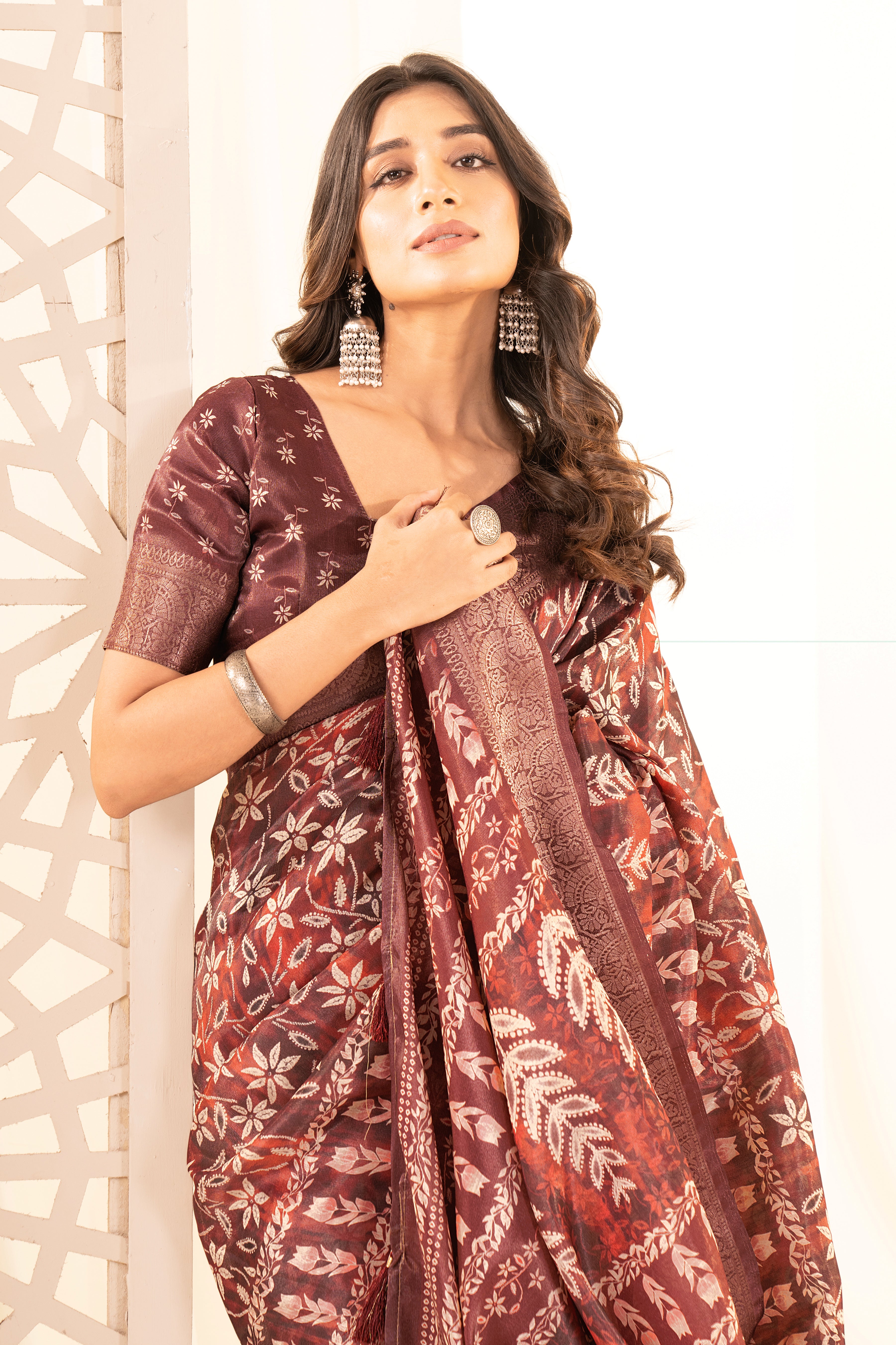 Light Maroon Tussar Silk Ajrak Saree