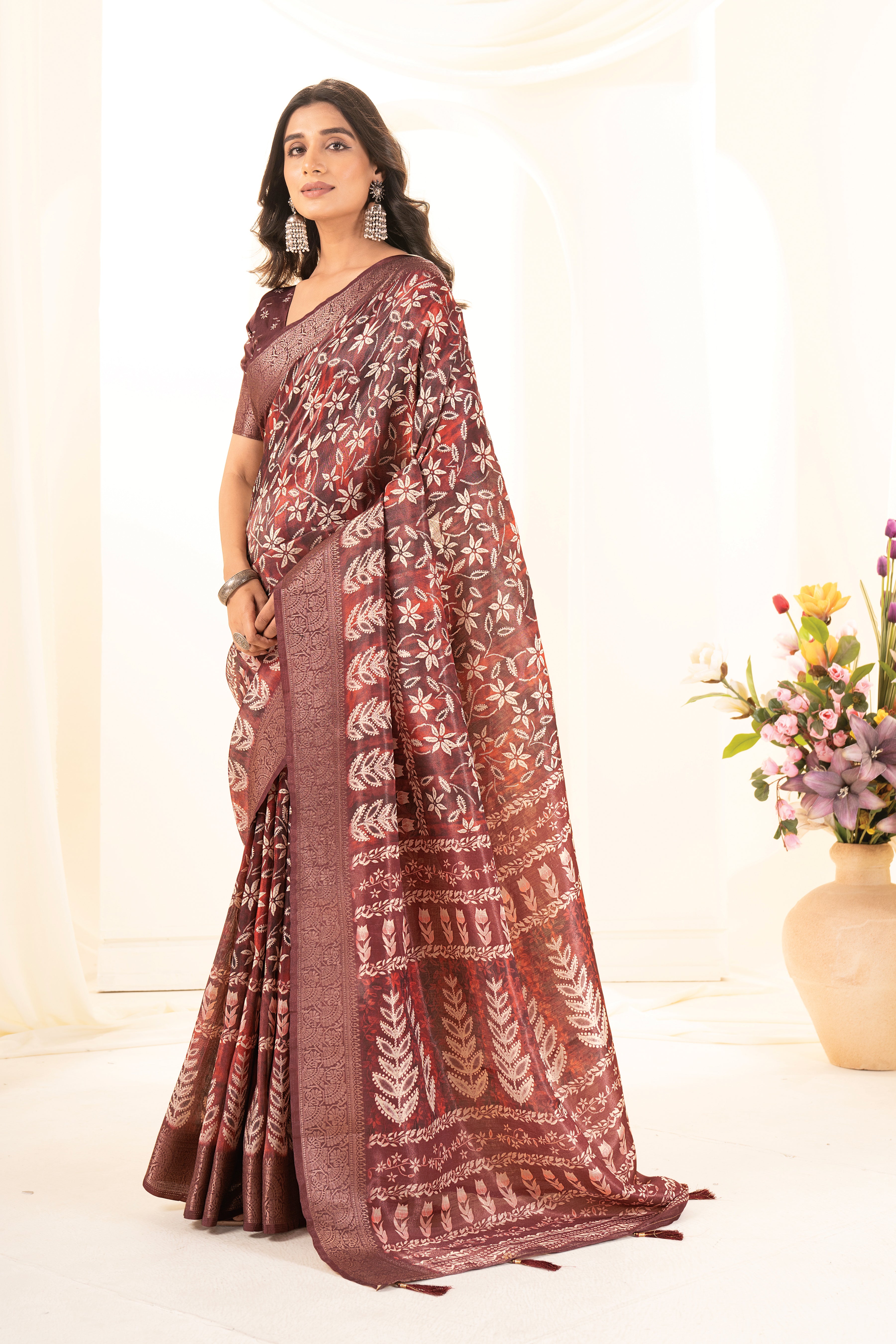 Light Maroon Tussar Silk Ajrak Saree