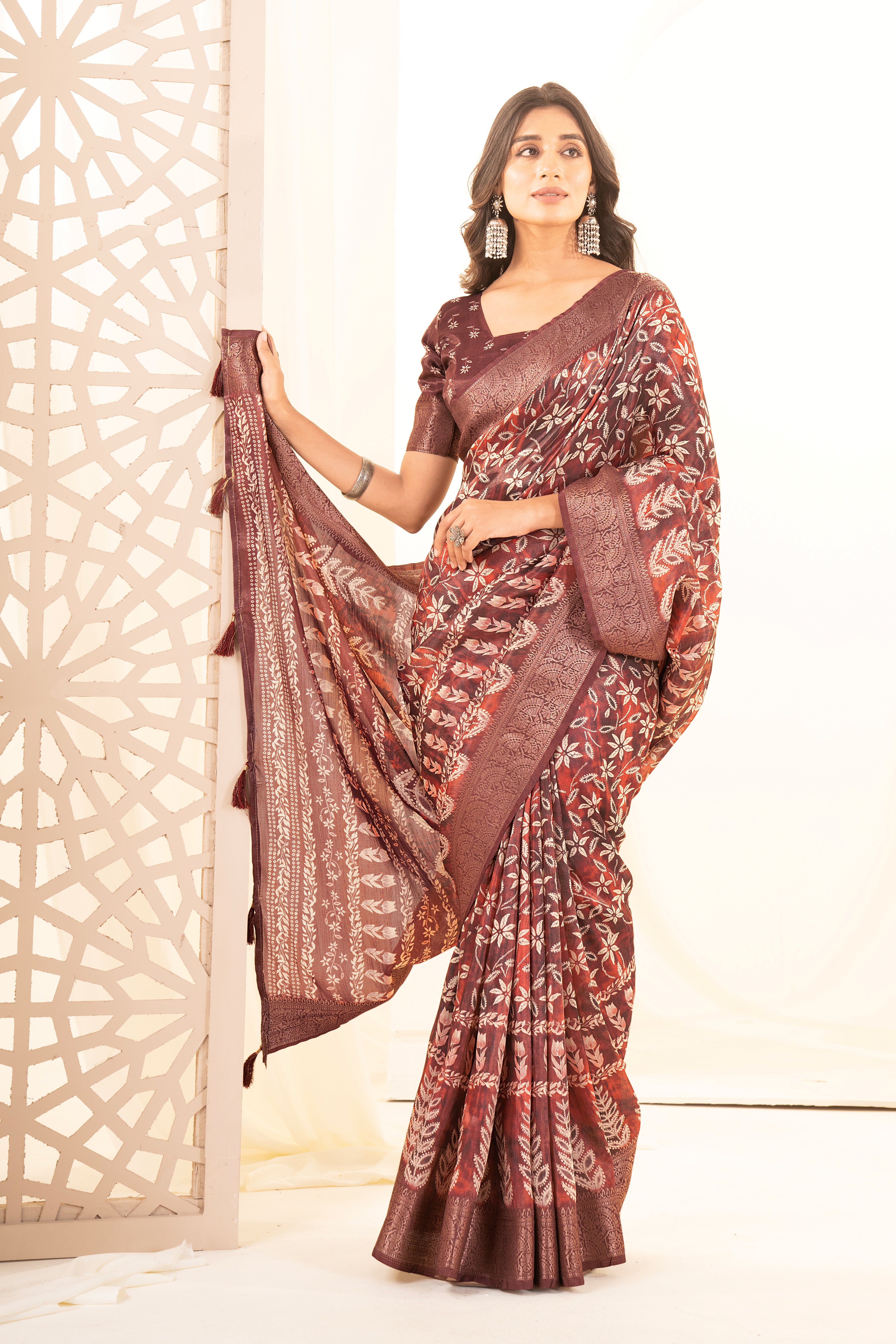 Light Maroon Tussar Silk Ajrak Saree