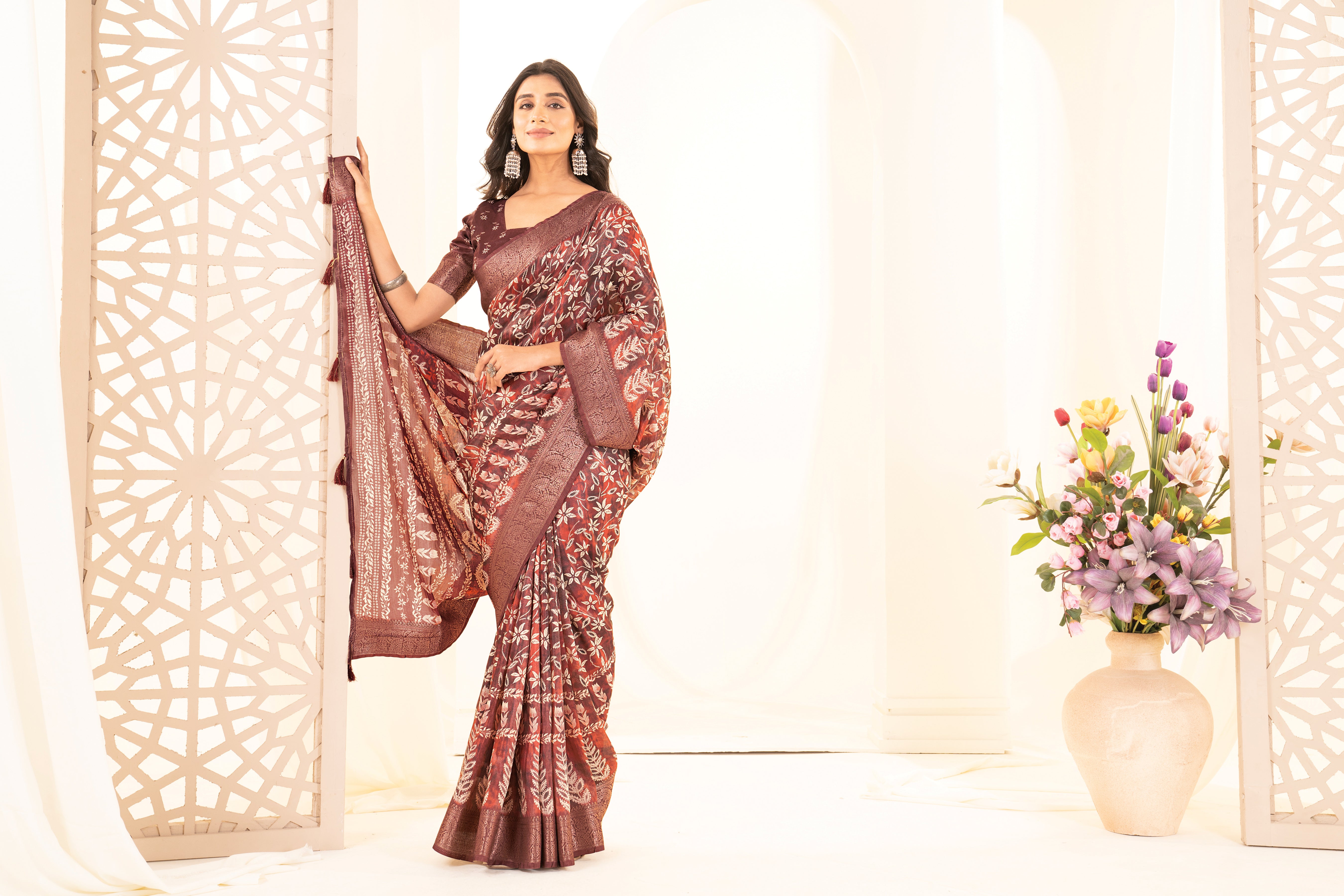 Light Maroon Tussar Silk Ajrak Saree