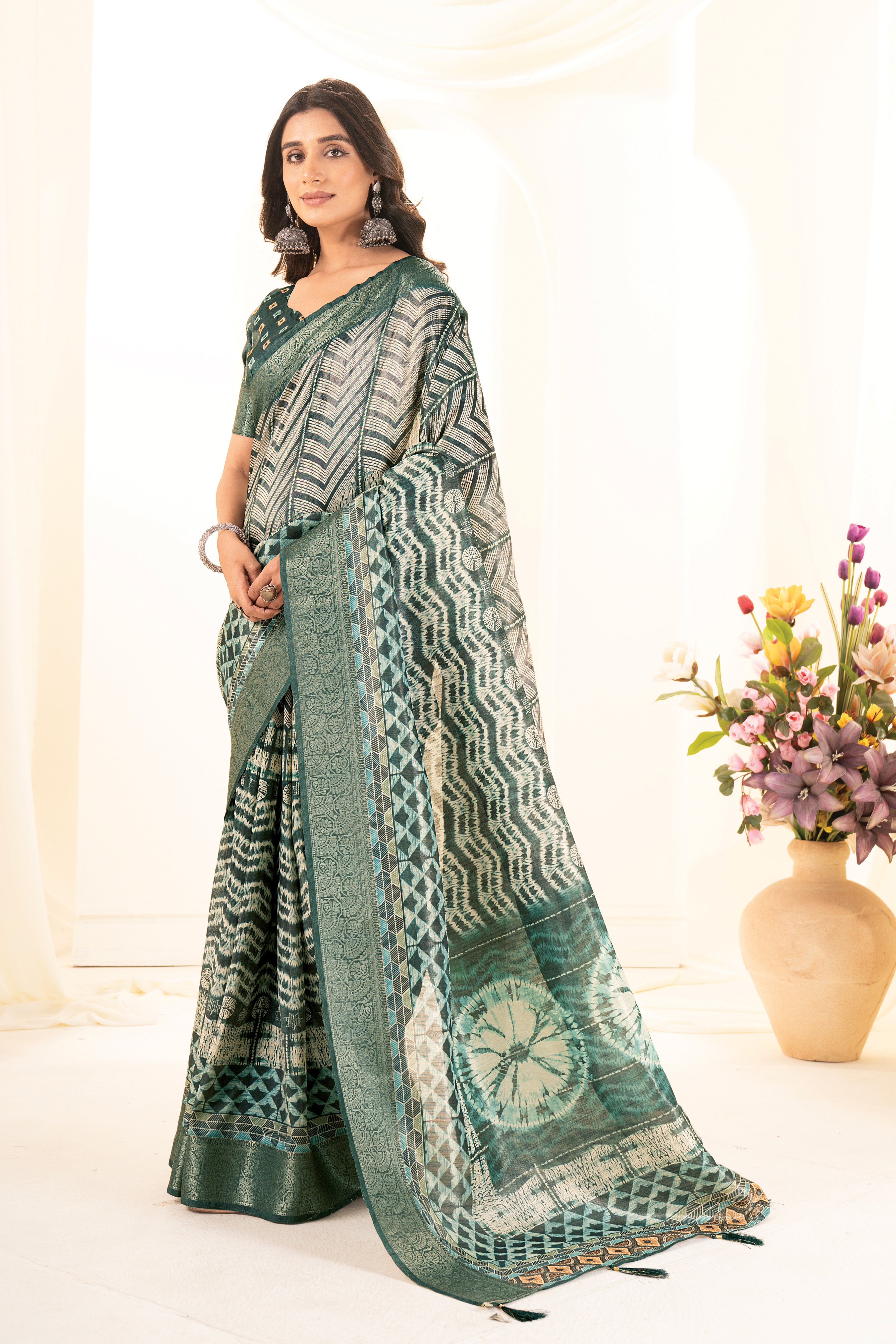 Bottle Green Tussar Silk Ajrak Saree
