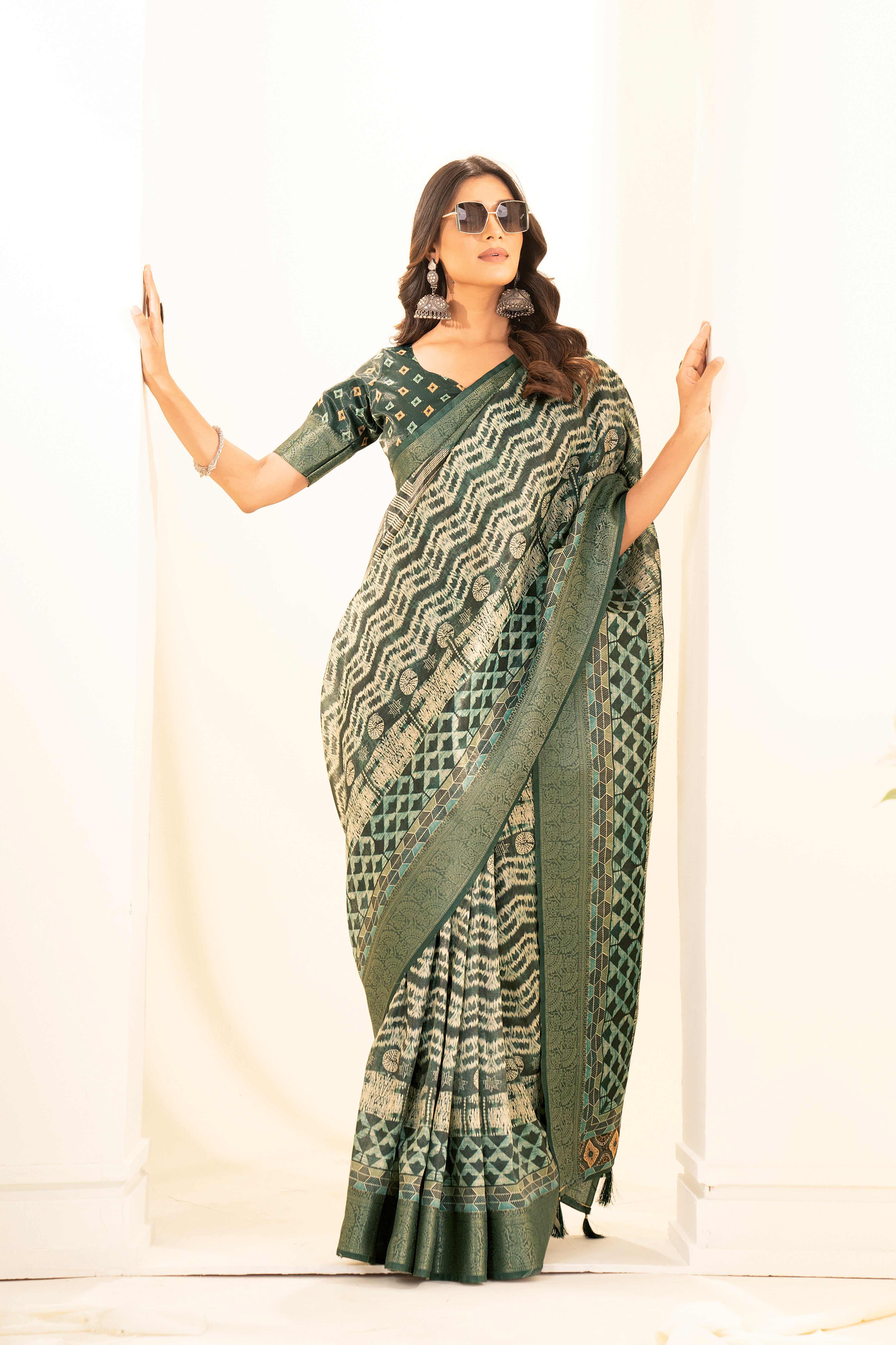 Bottle Green Tussar Silk Ajrak Saree