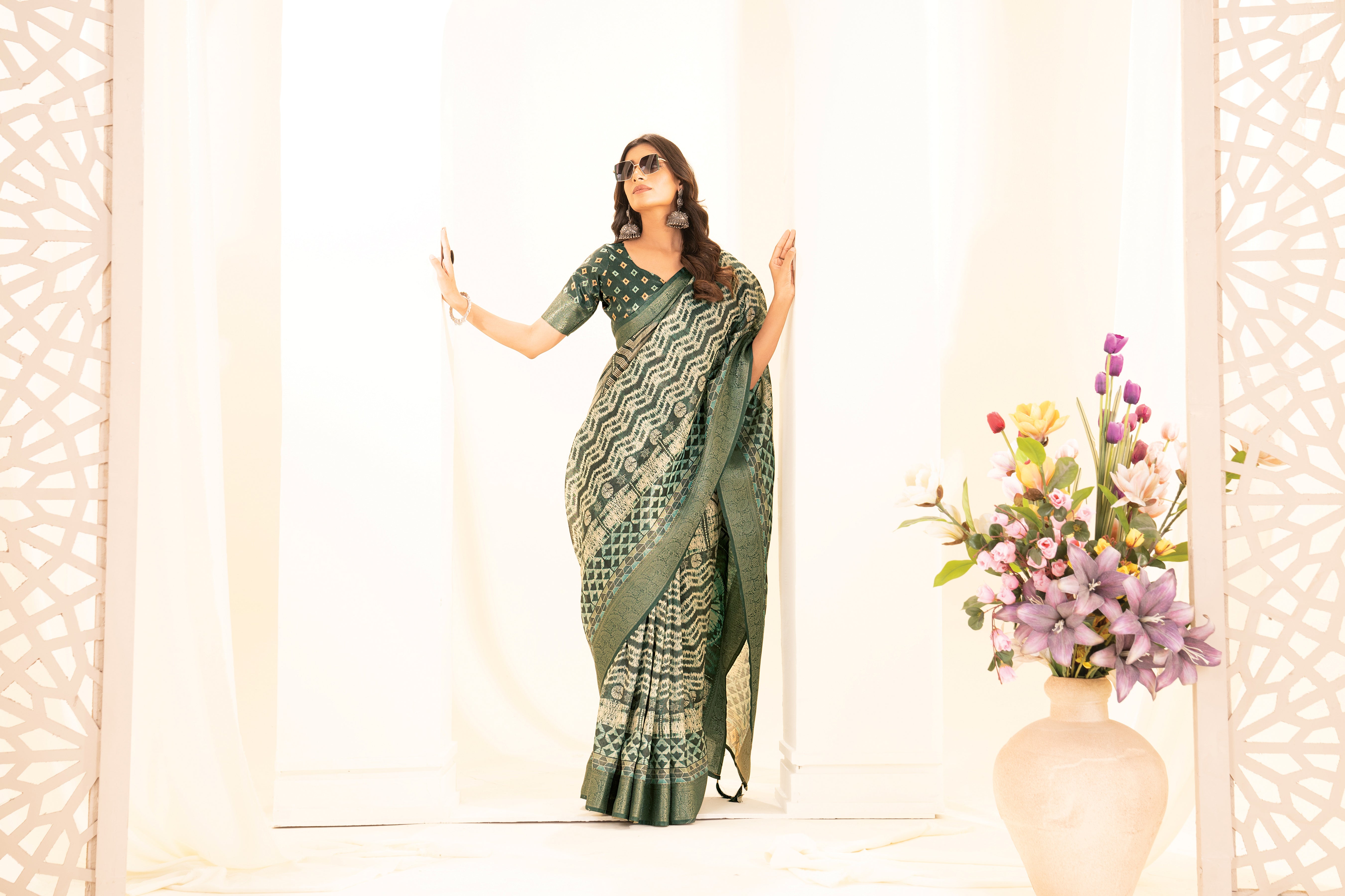 Bottle Green Tussar Silk Ajrak Saree