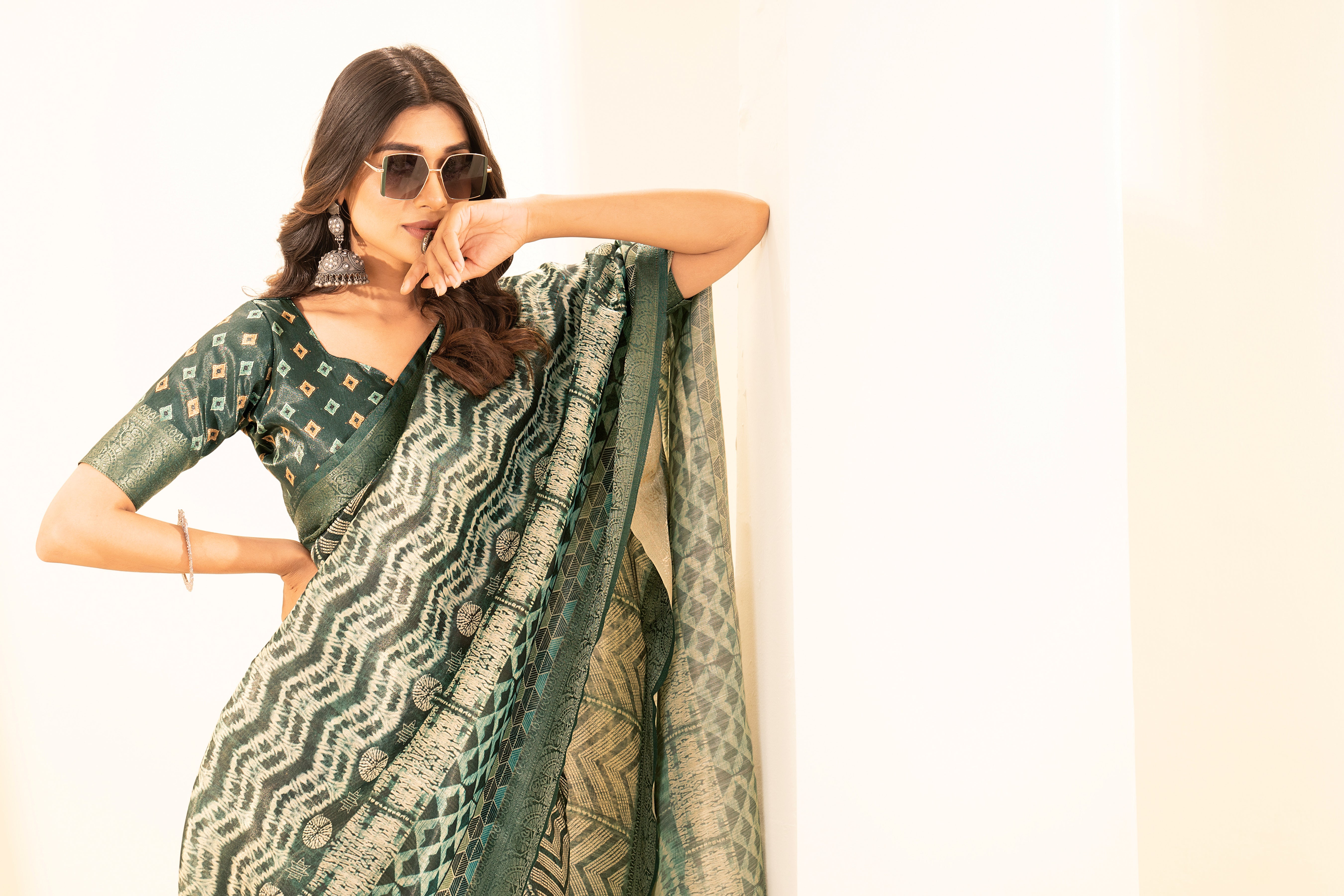 Bottle Green Tussar Silk Ajrak Saree