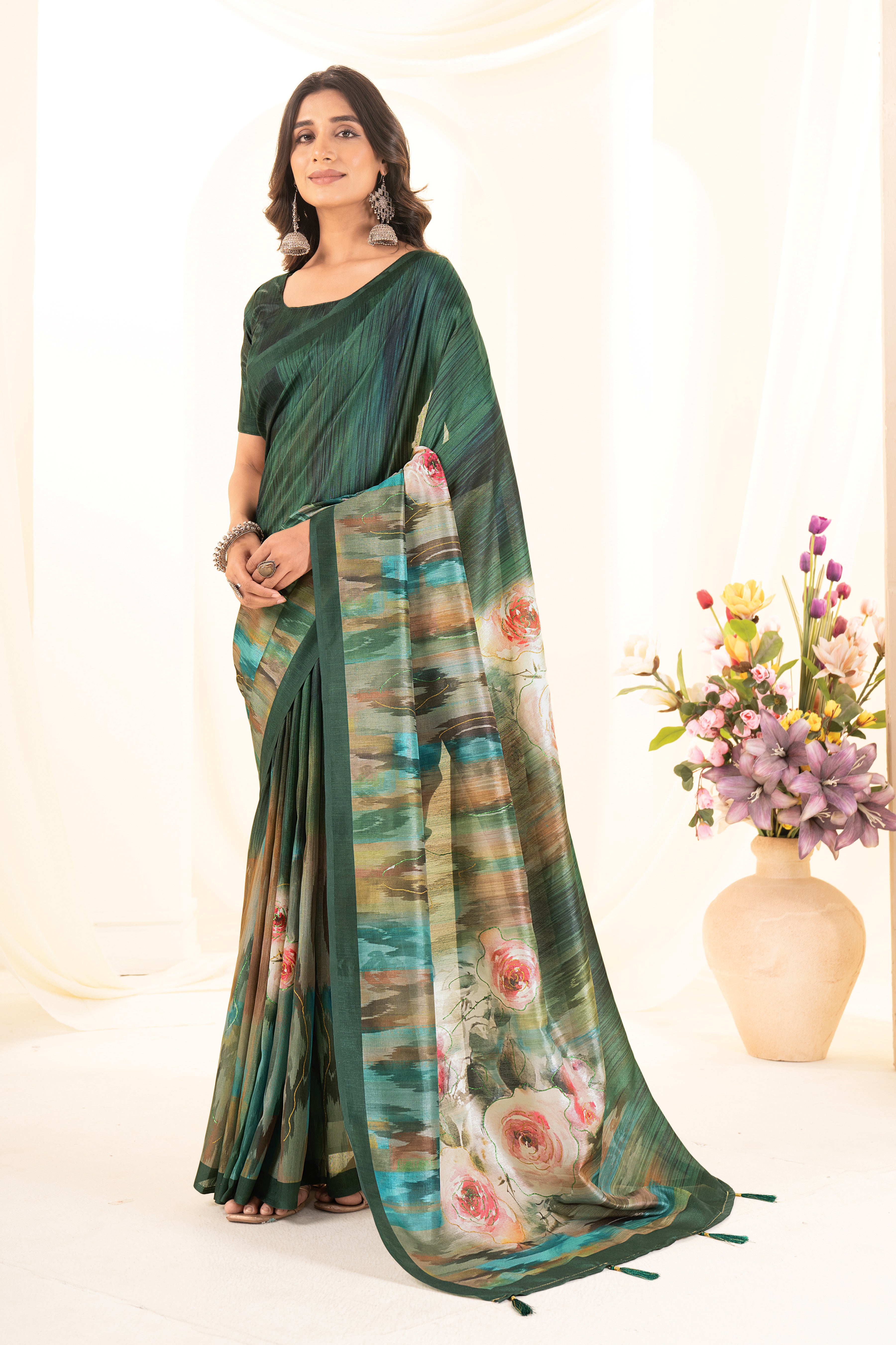 Bottle Green Tussar Silk Saree