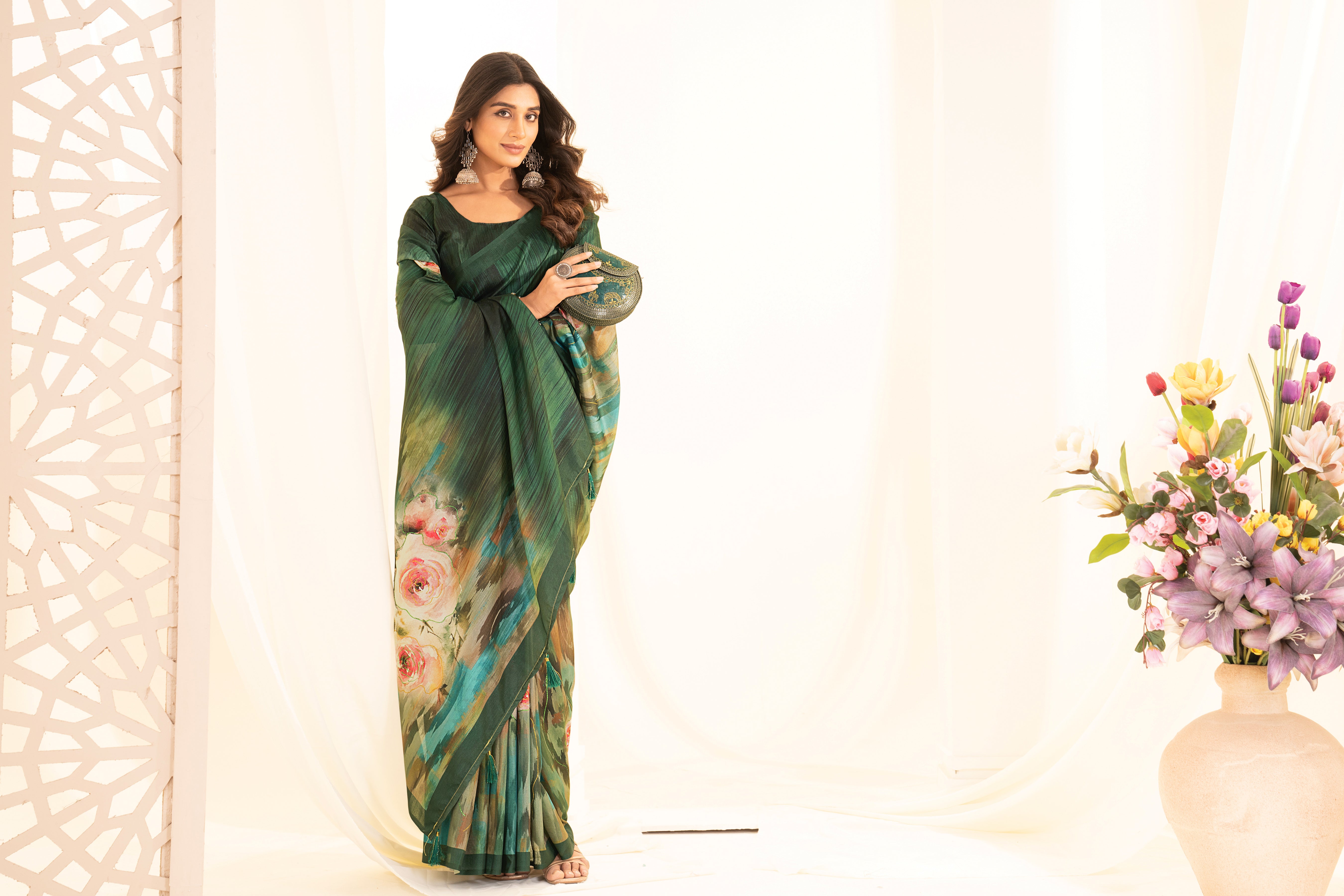 Bottle Green Tussar Silk Saree