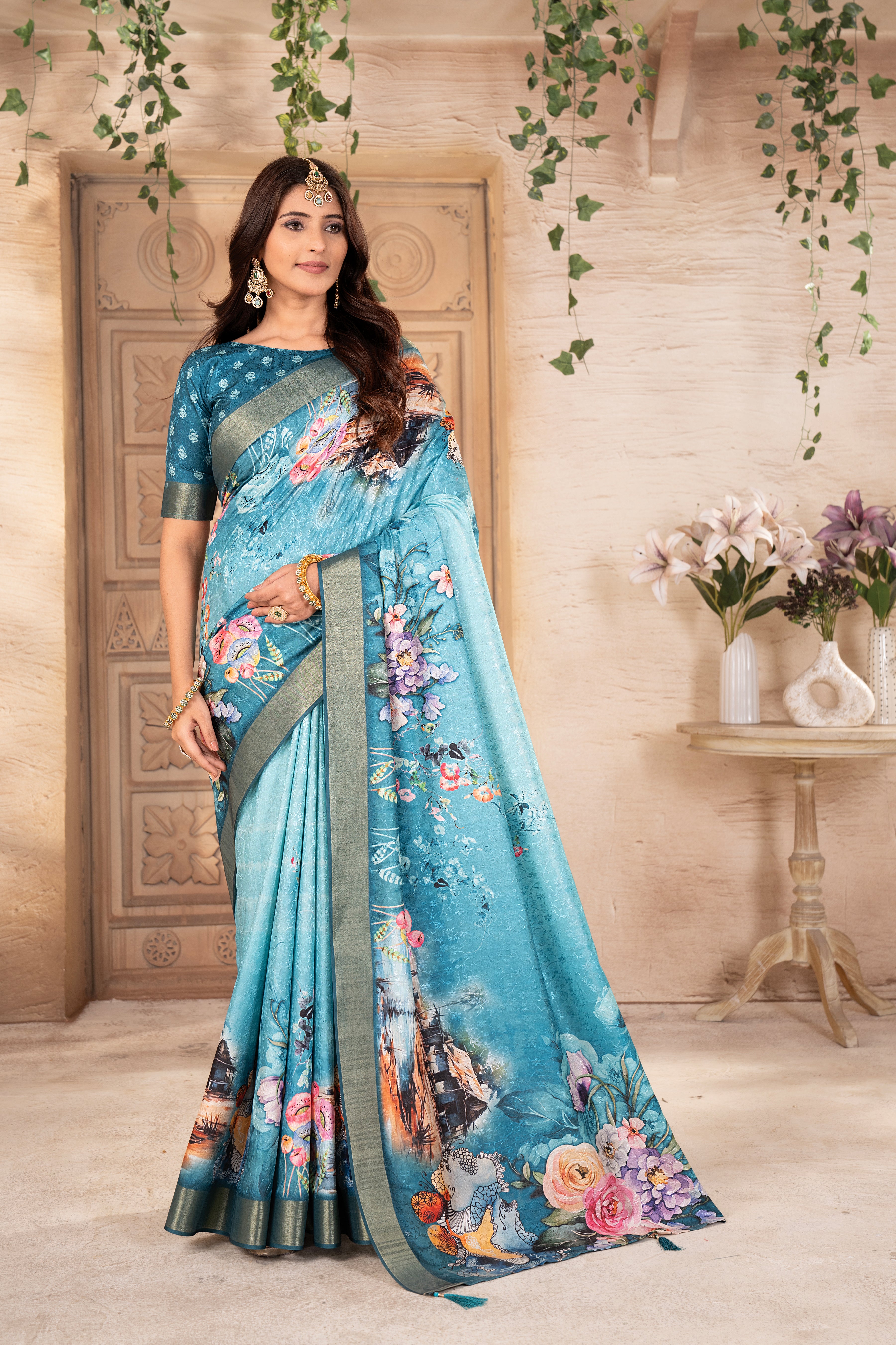 Rama Blue Tussar Silk Floral Saree