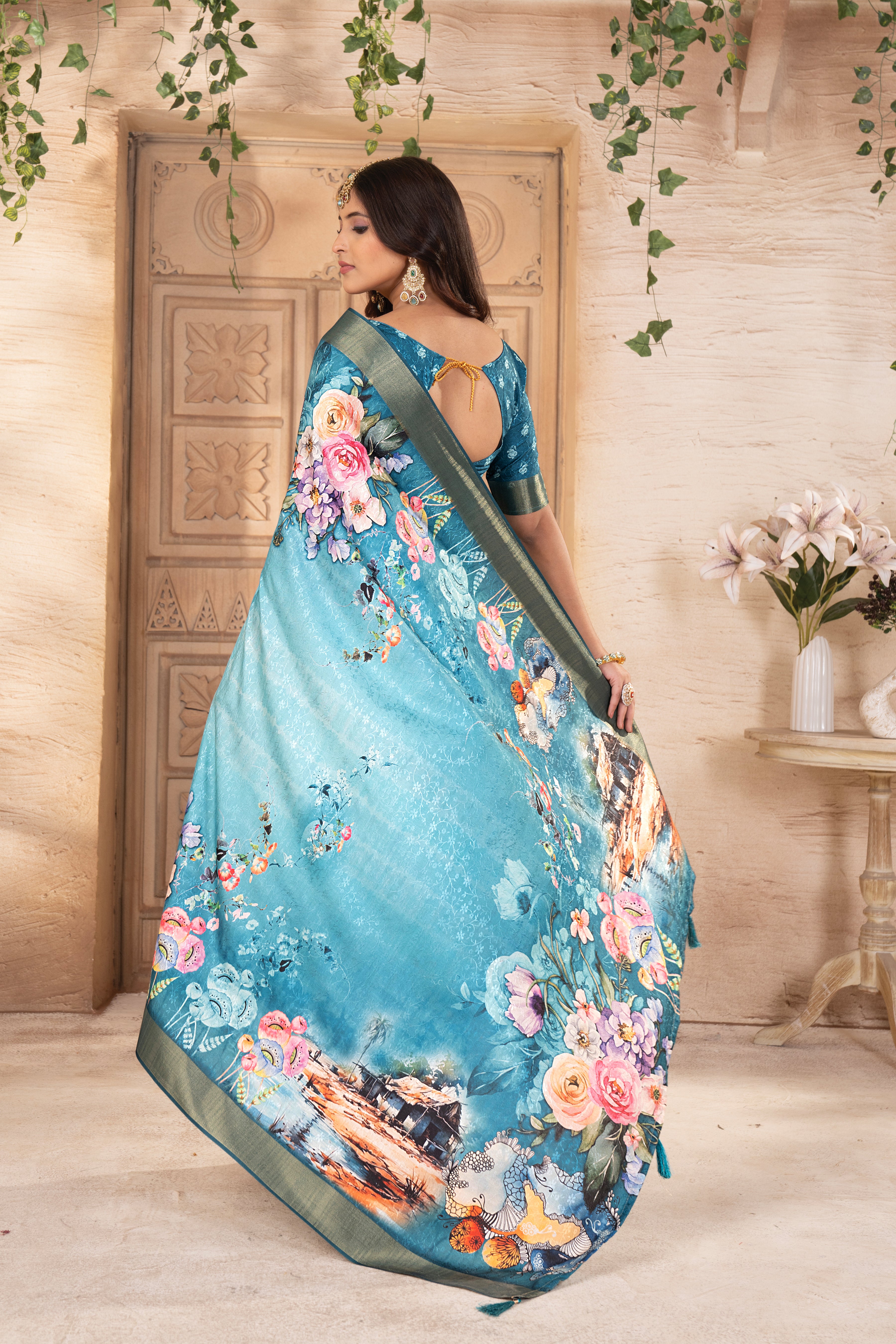 Rama Blue Tussar Silk Floral Saree
