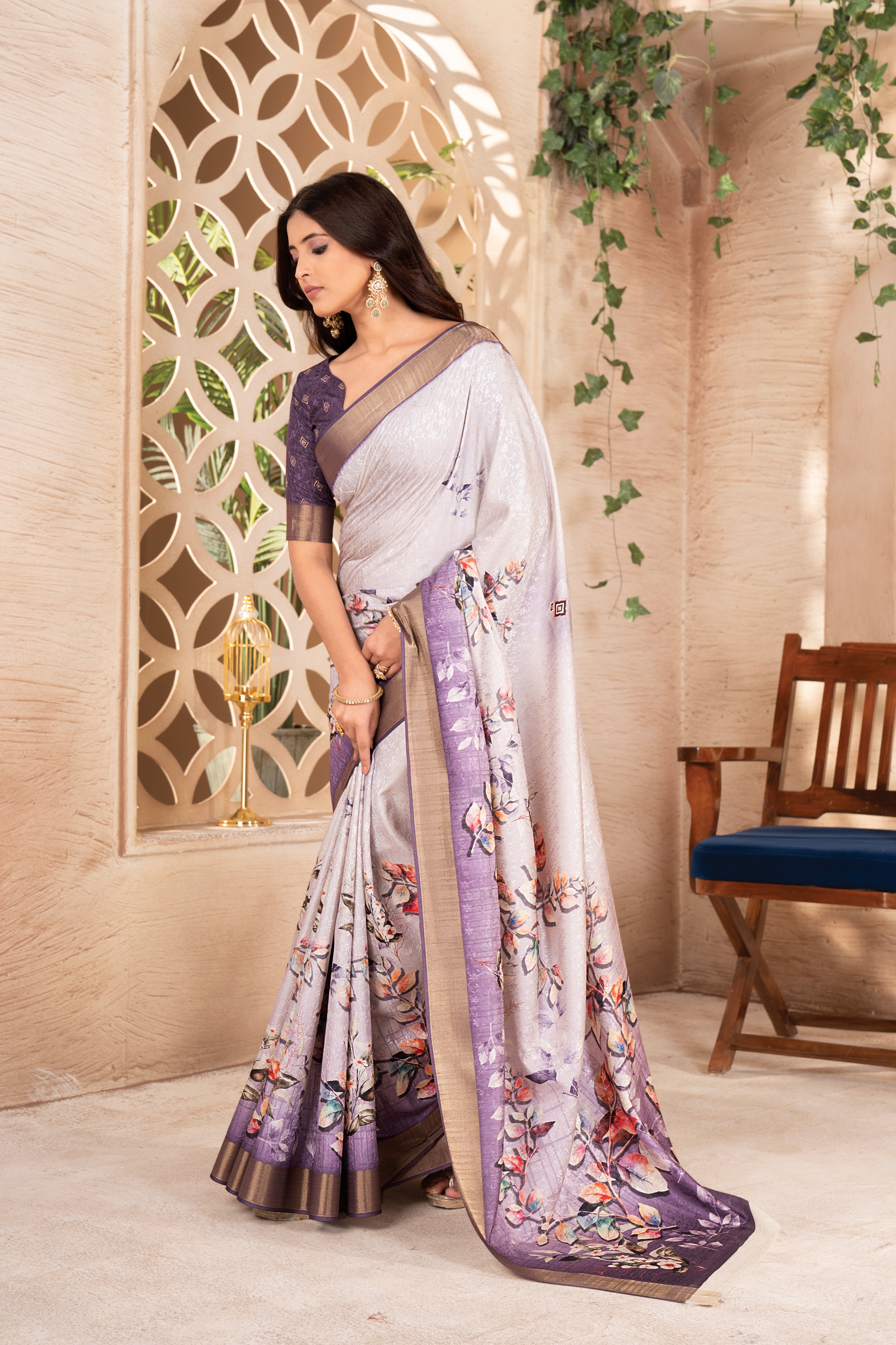 Cream Purple Tussar Silk Saree