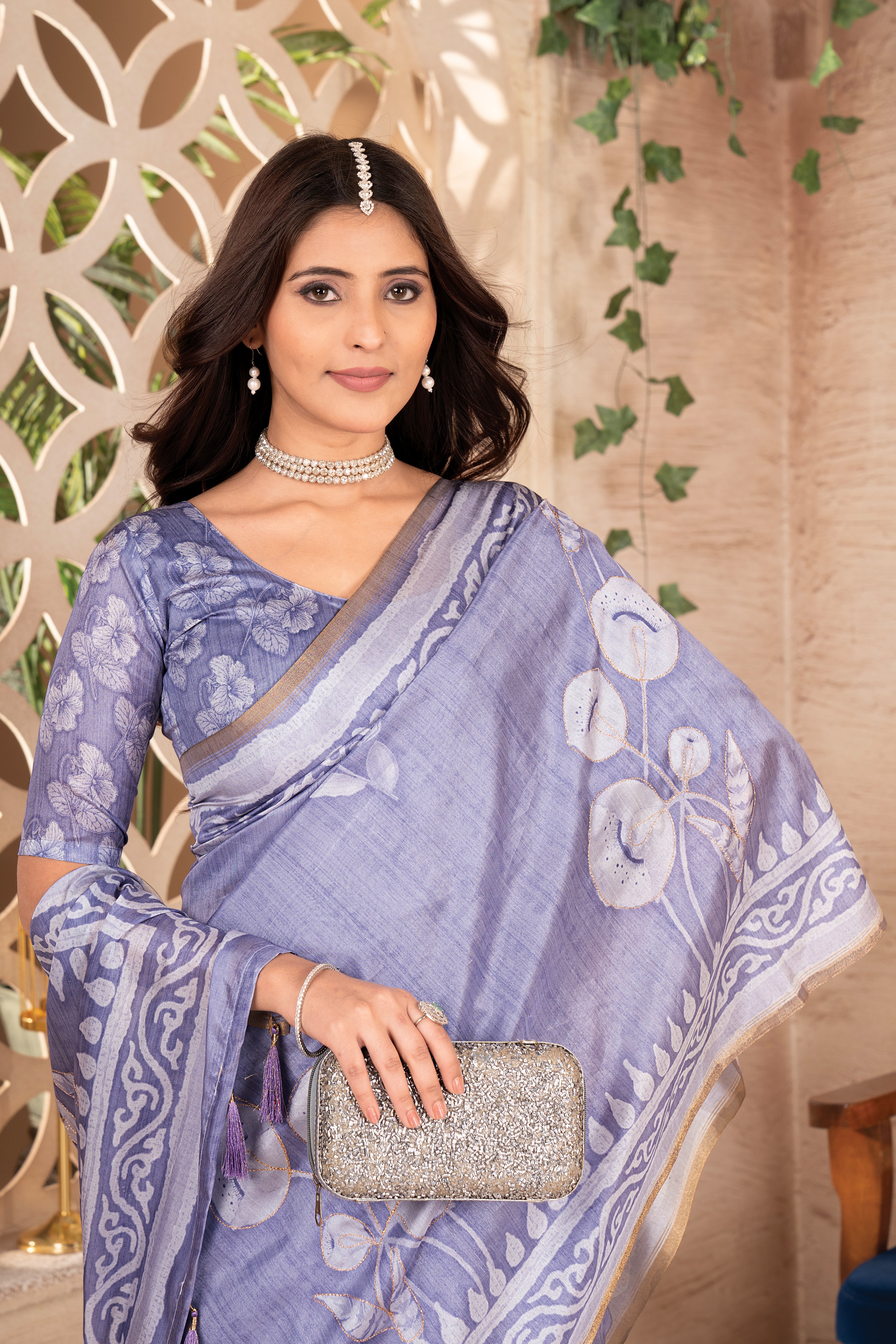 Violet Tussar Floral Saree