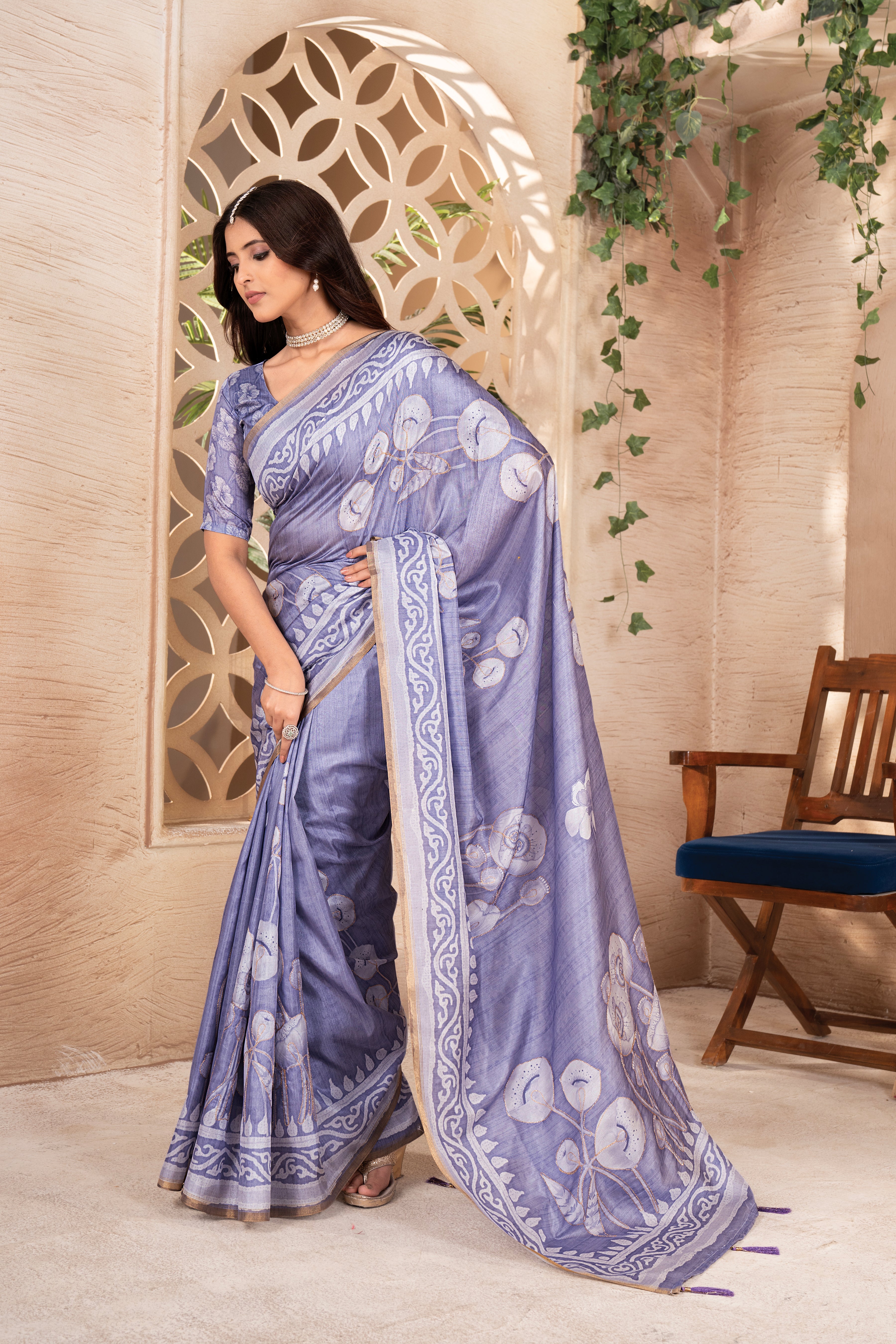 Violet Tussar Floral Saree
