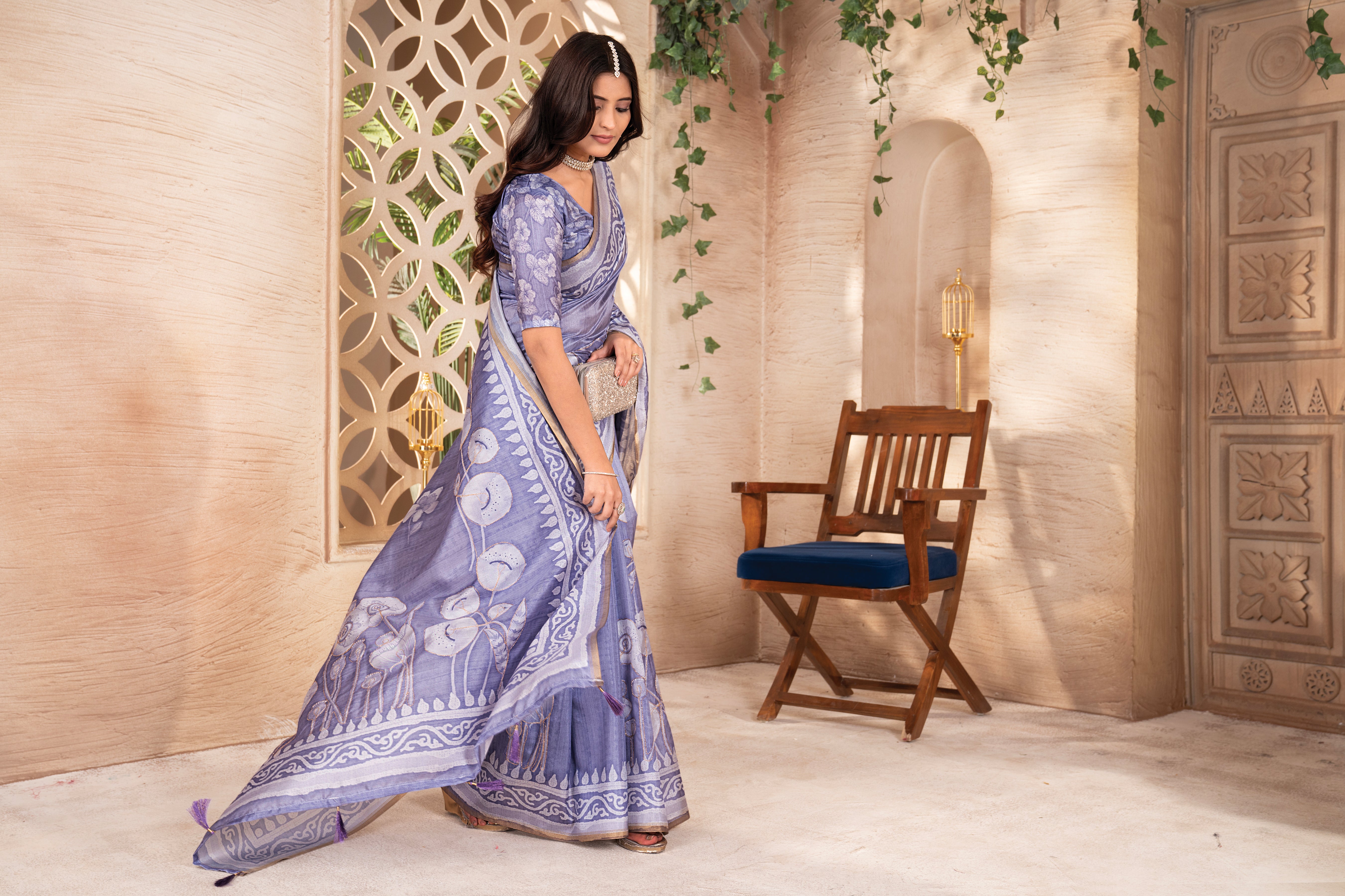 Violet Tussar Floral Saree