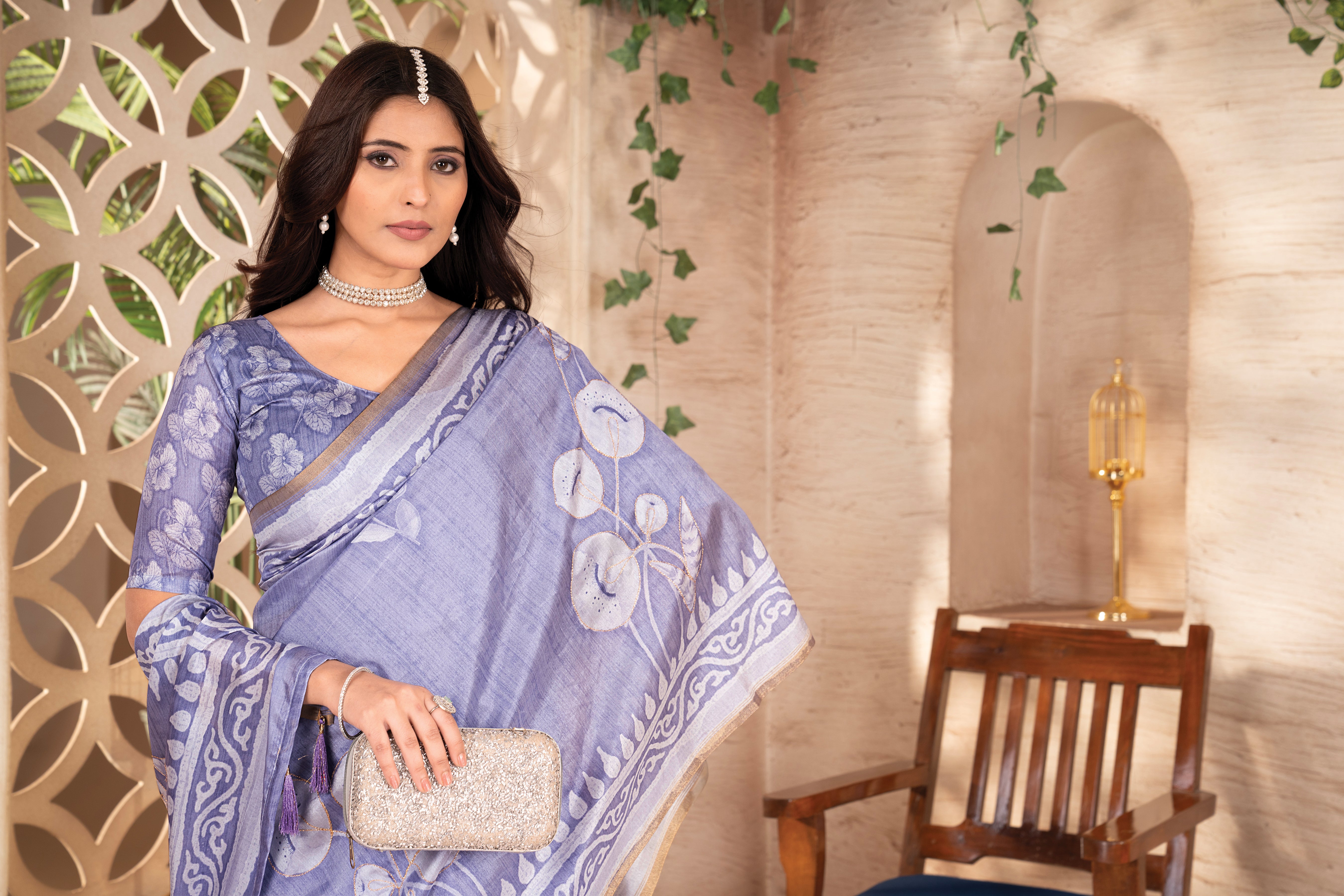 Violet Tussar Floral Saree