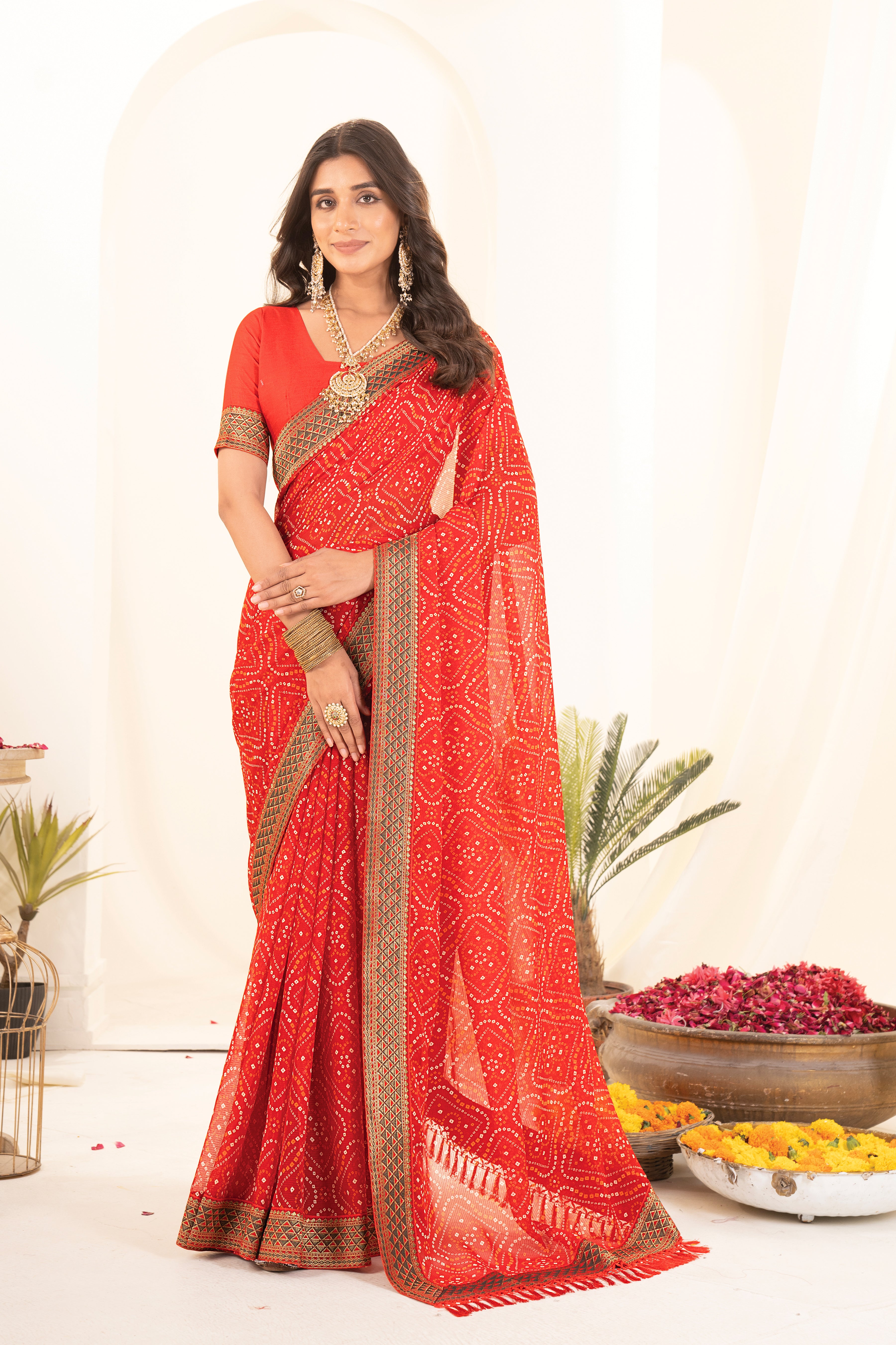 Red Bandhani Georgette Saree
