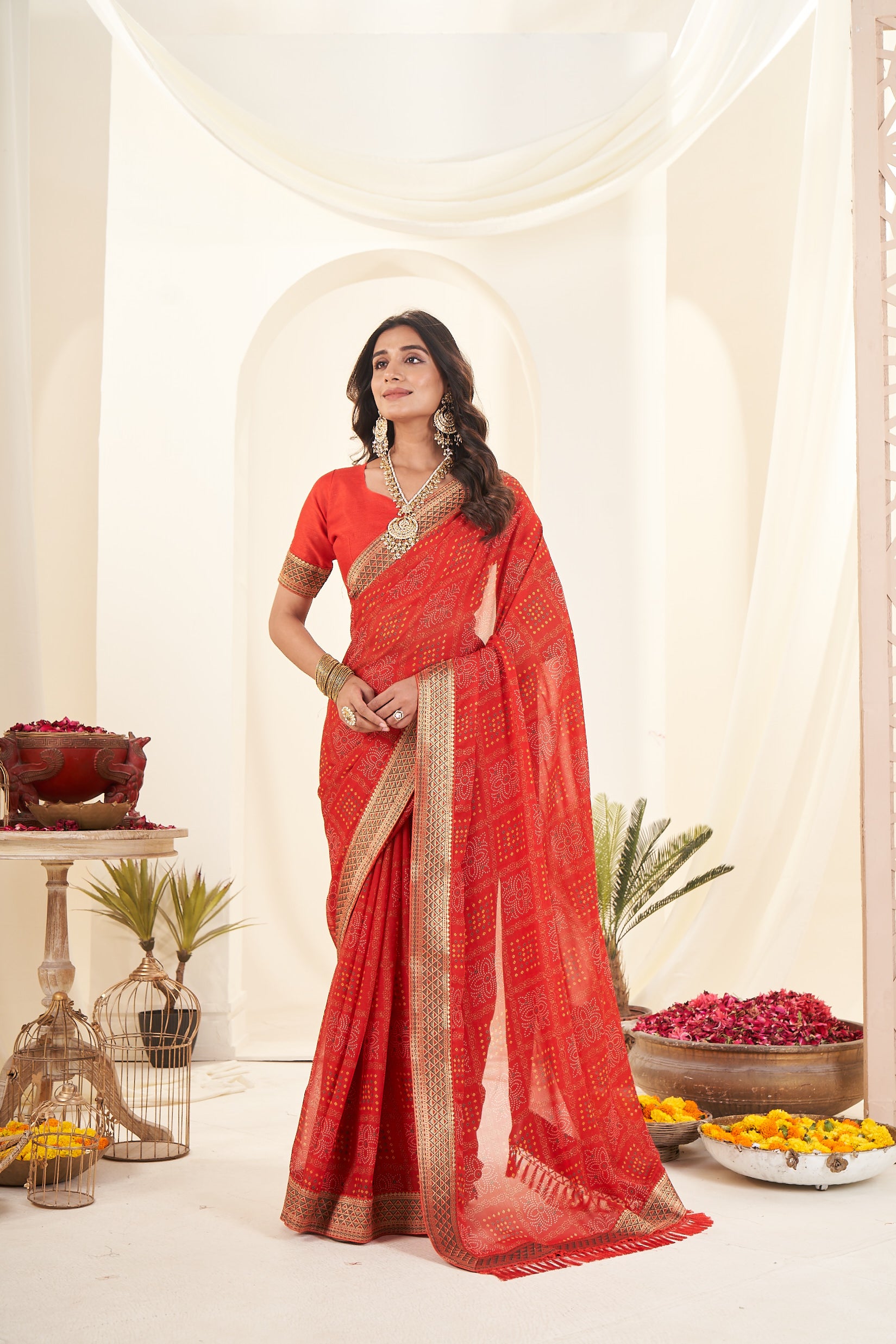 Bandhani Print Red Georgette Saree