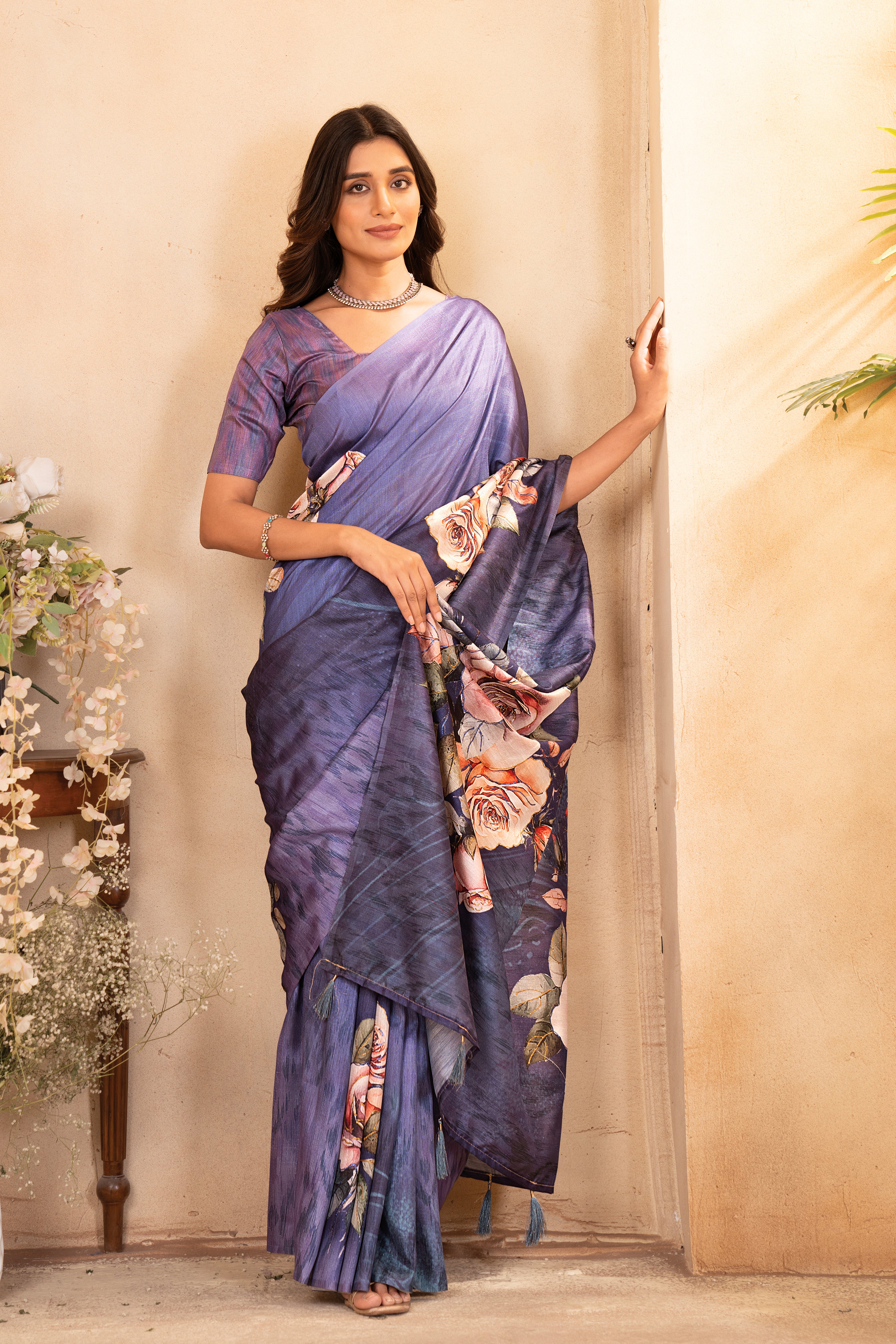 Lavender Tussar Silk  Floral Saree