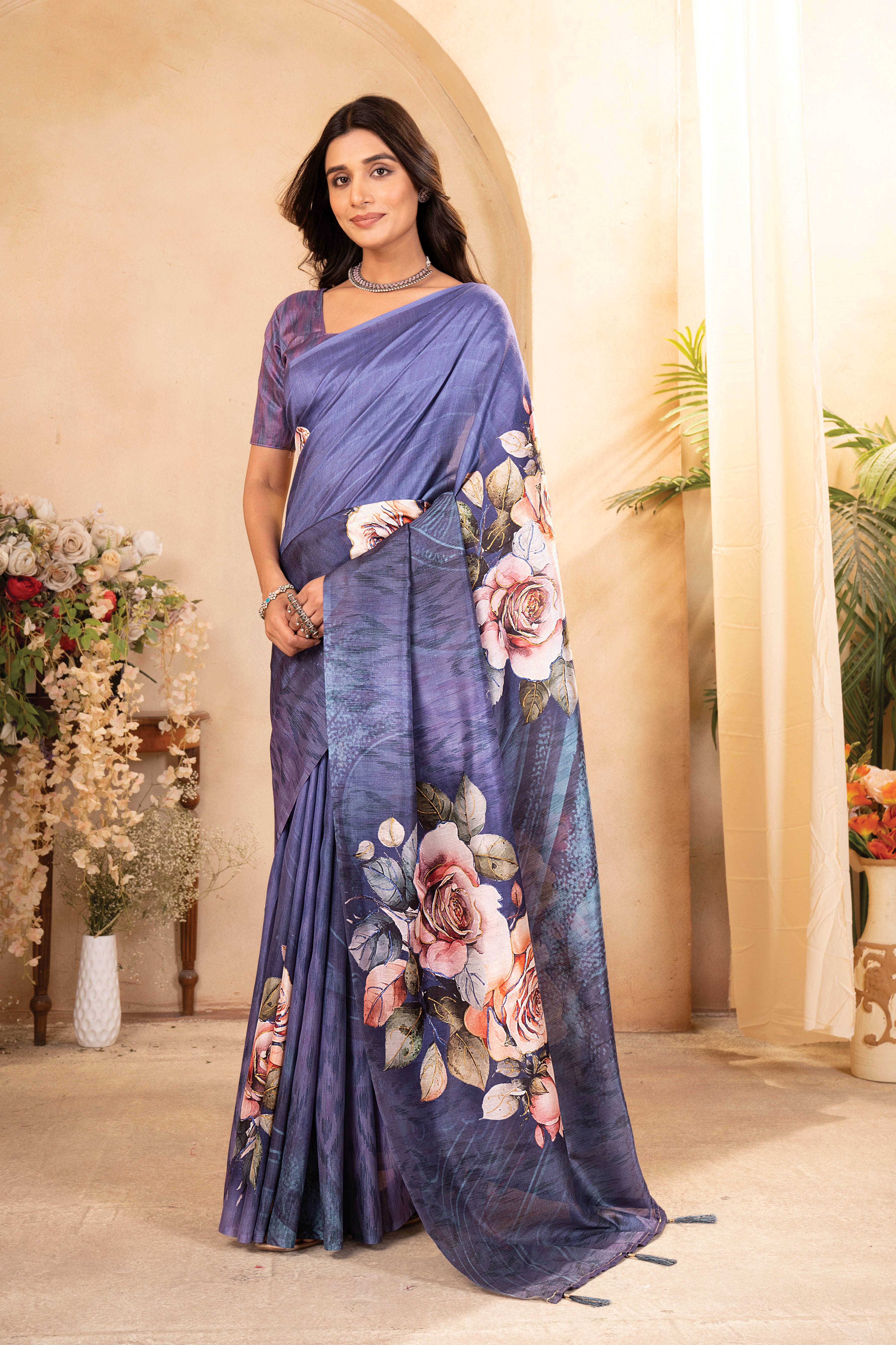 Lavender Tussar Silk  Floral Saree