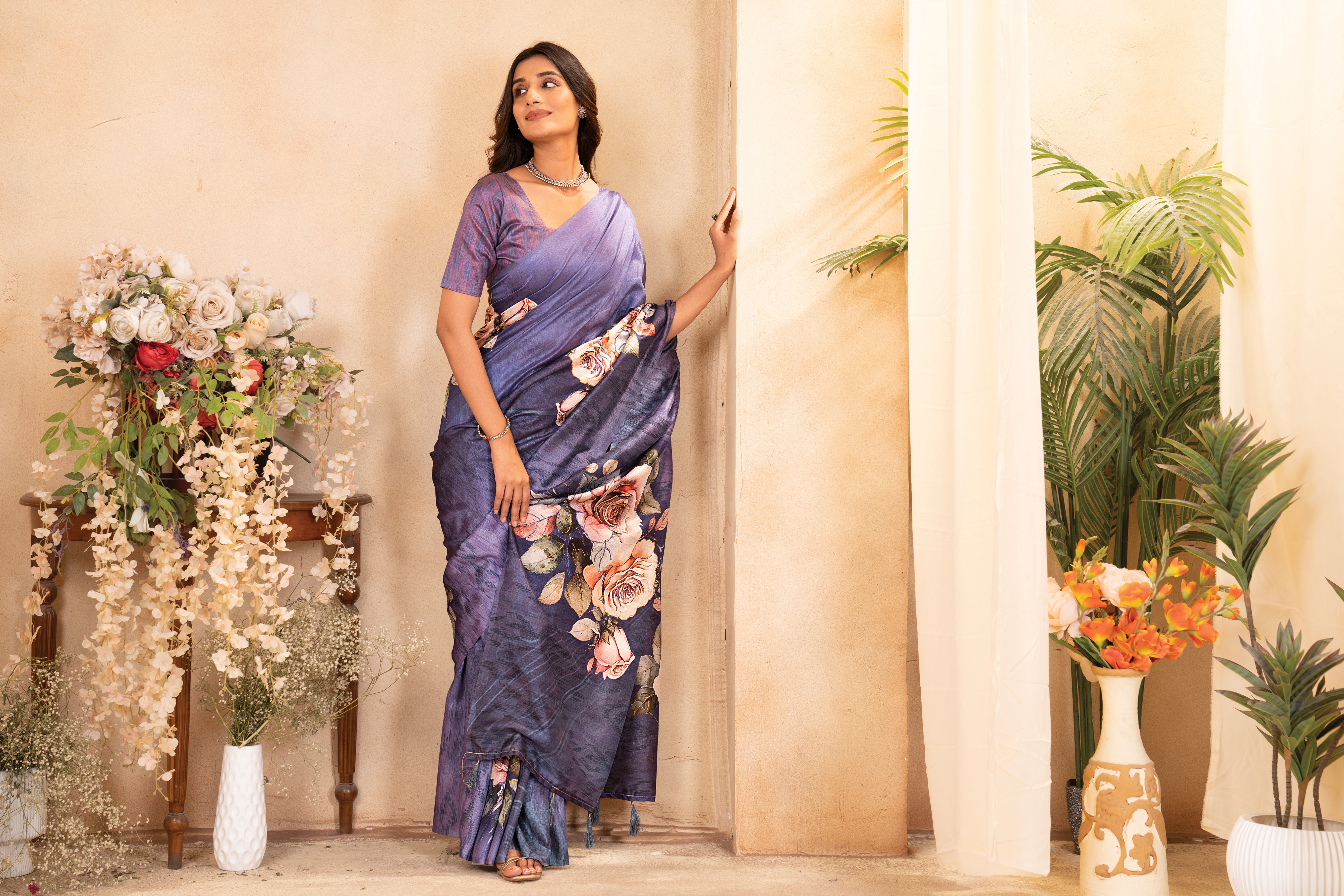 Lavender Tussar Silk  Floral Saree