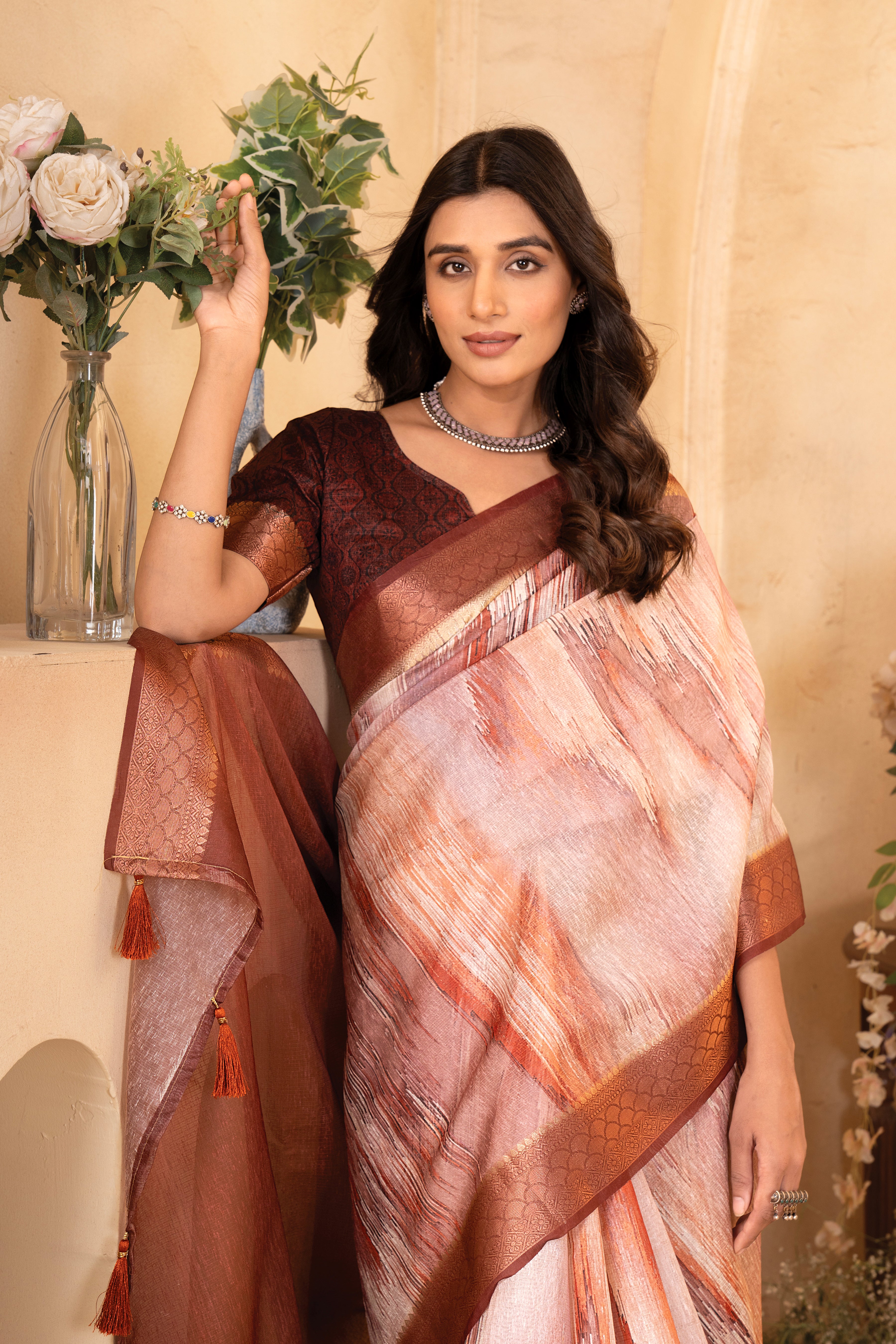 Rust Orange Tussar Silk Saree