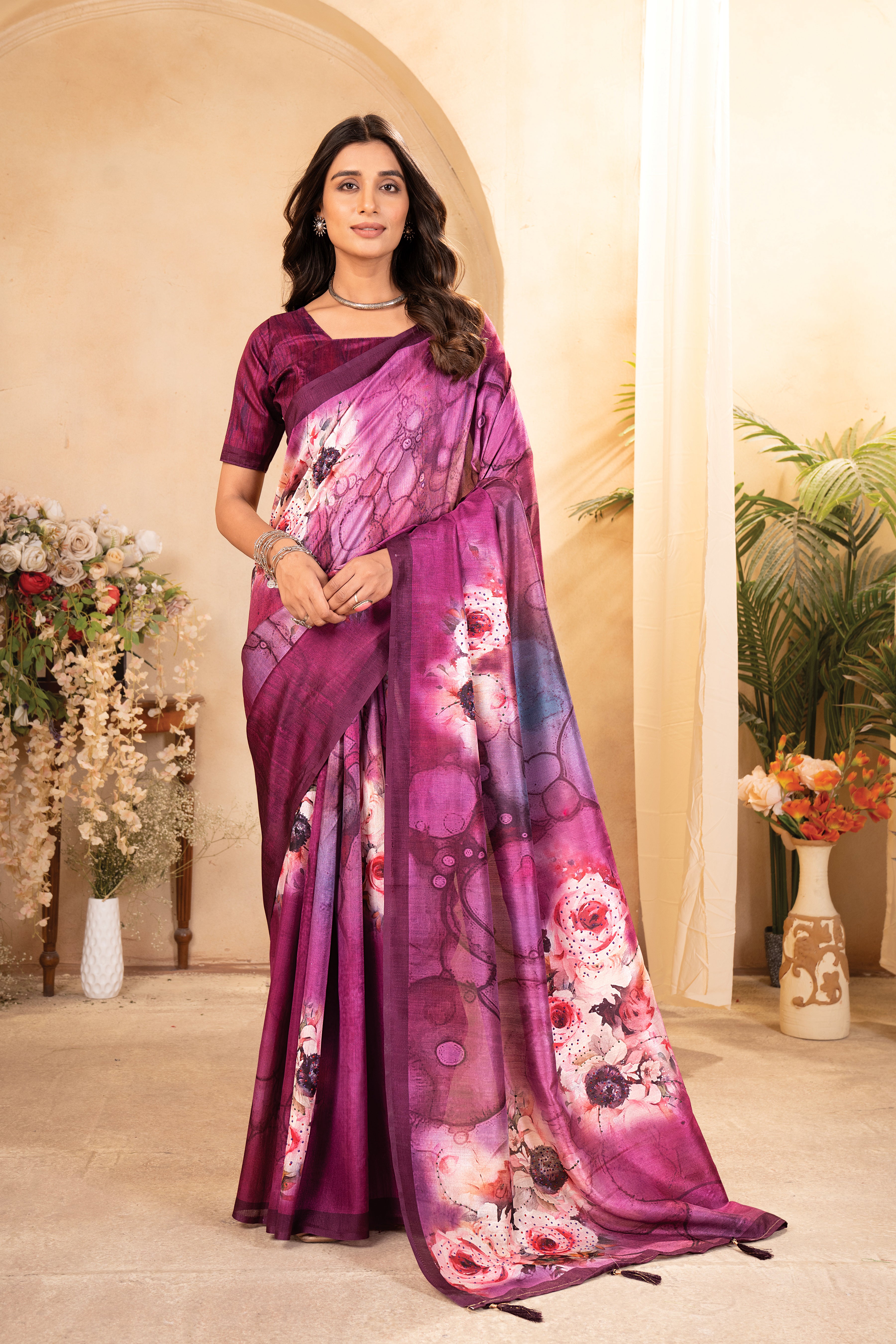 Purple Tussar Silk Floral Saree