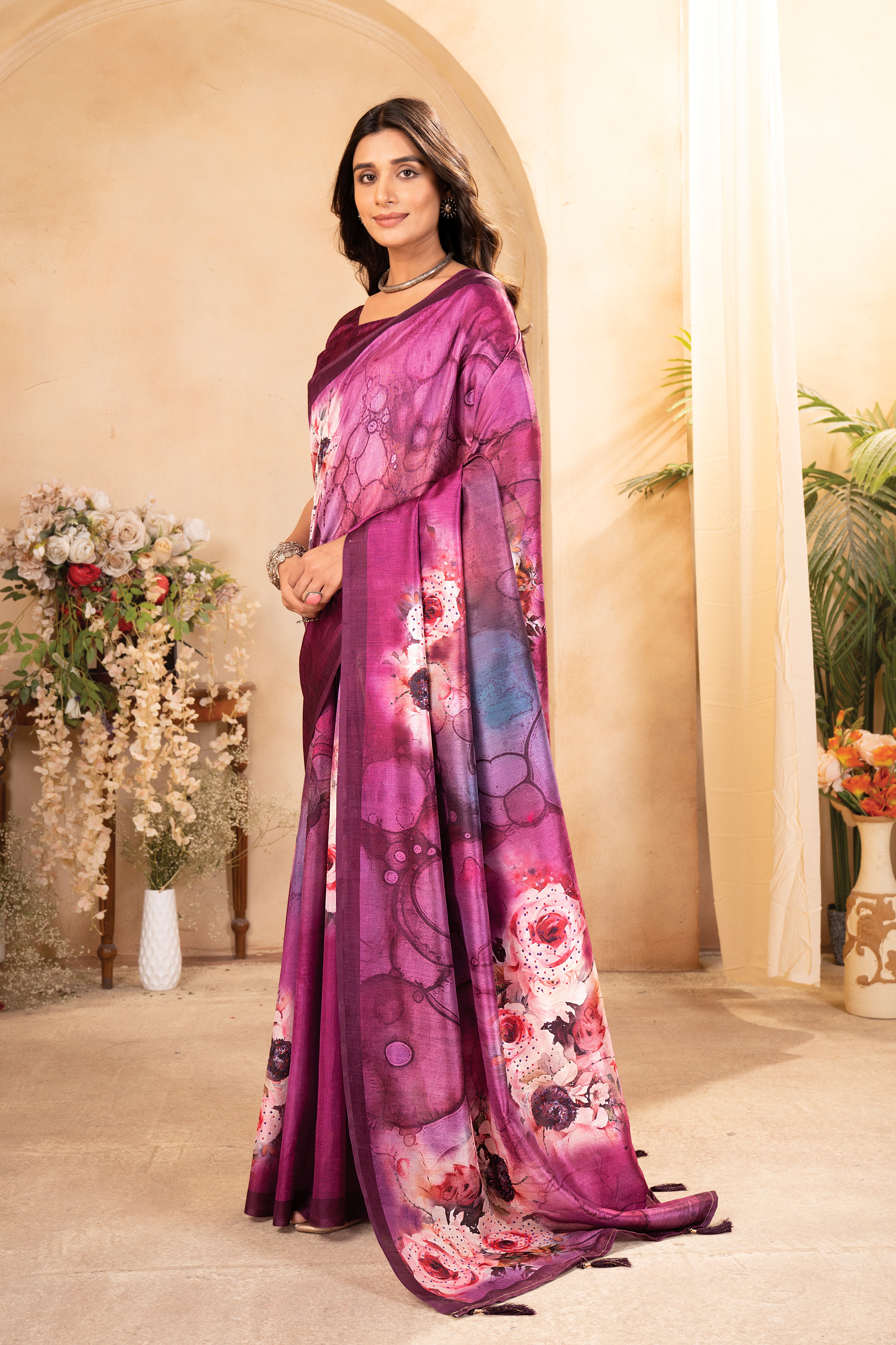 Purple Tussar Silk Floral Saree