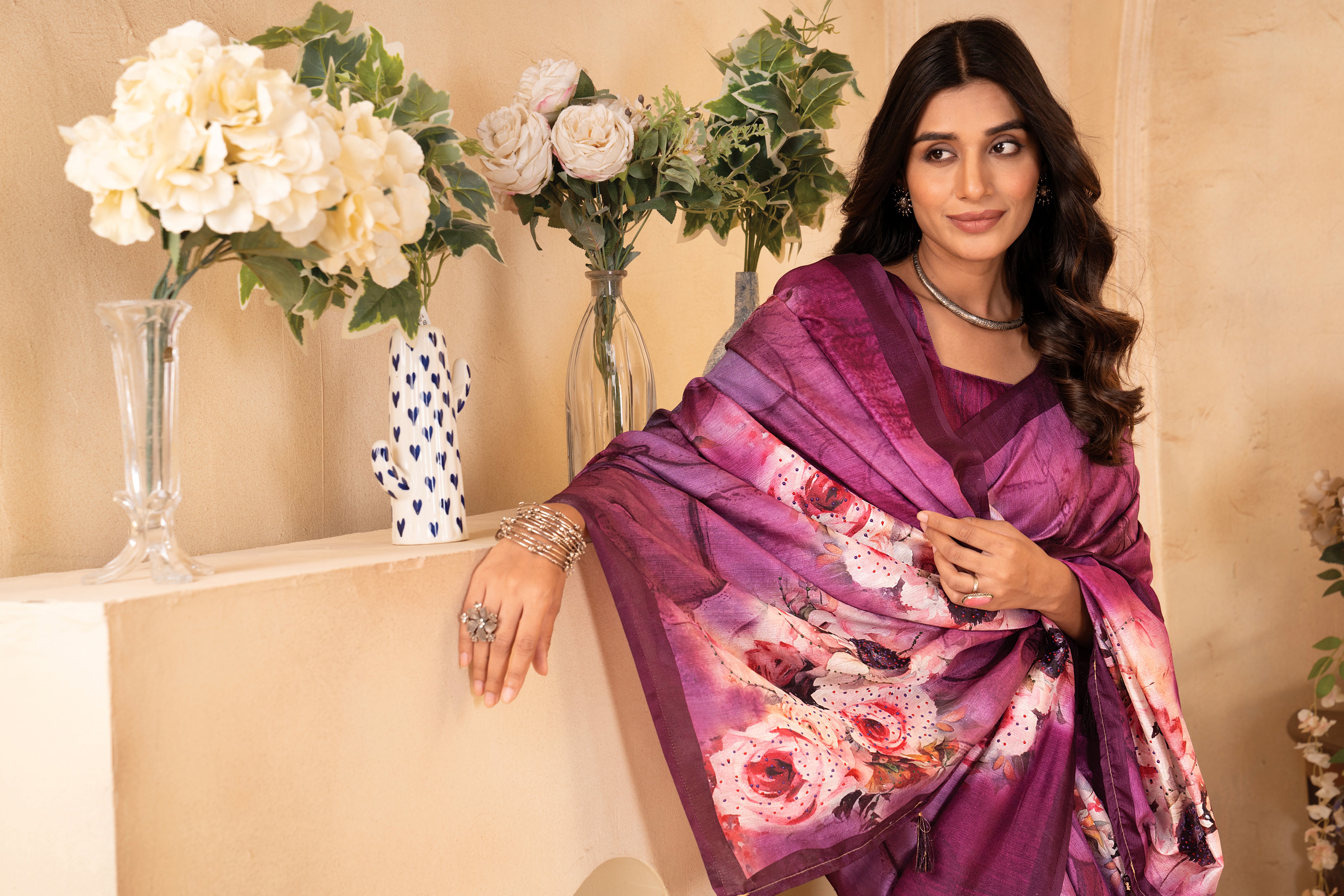 Purple Tussar Silk Floral Saree