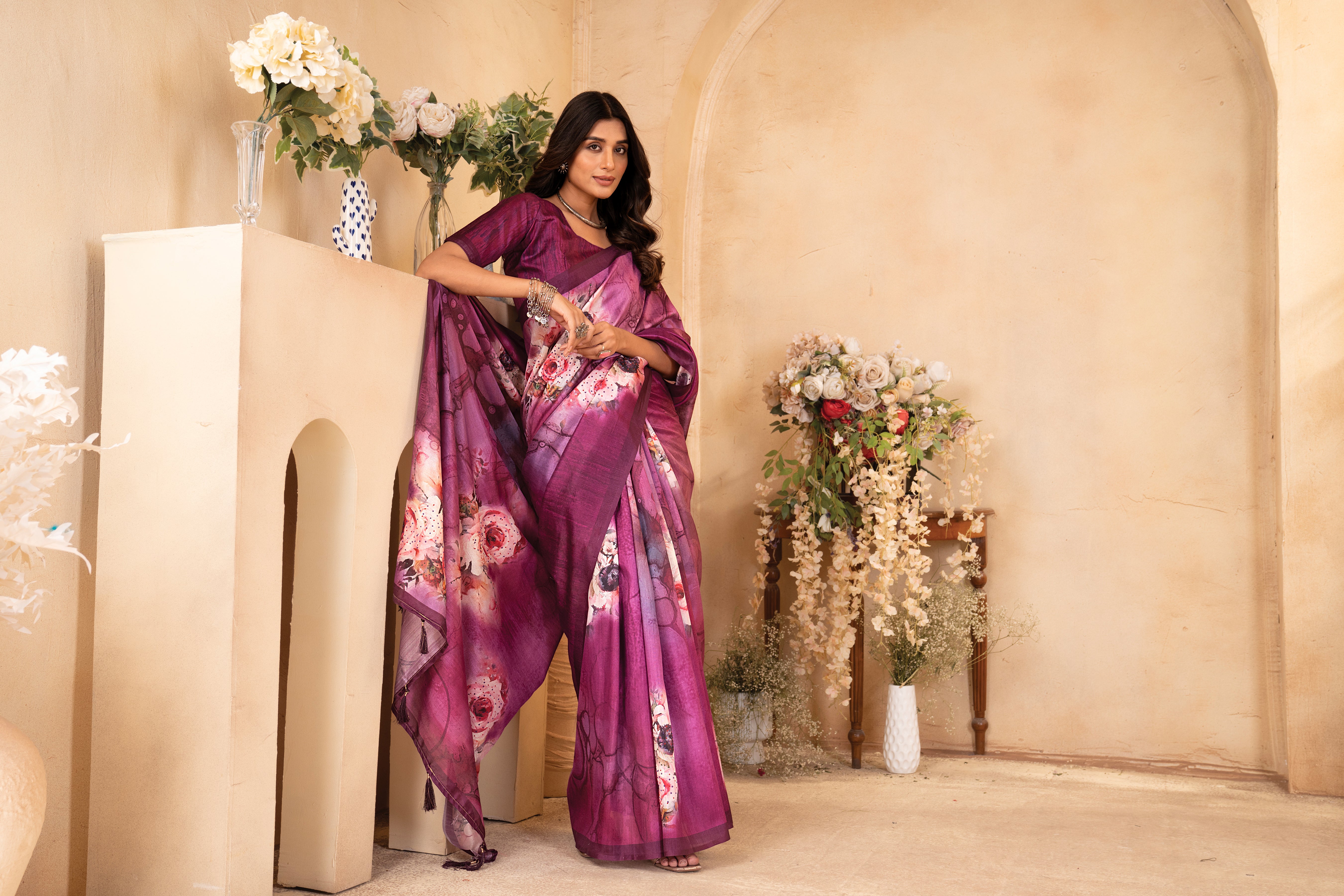 Purple Tussar Silk Floral Saree