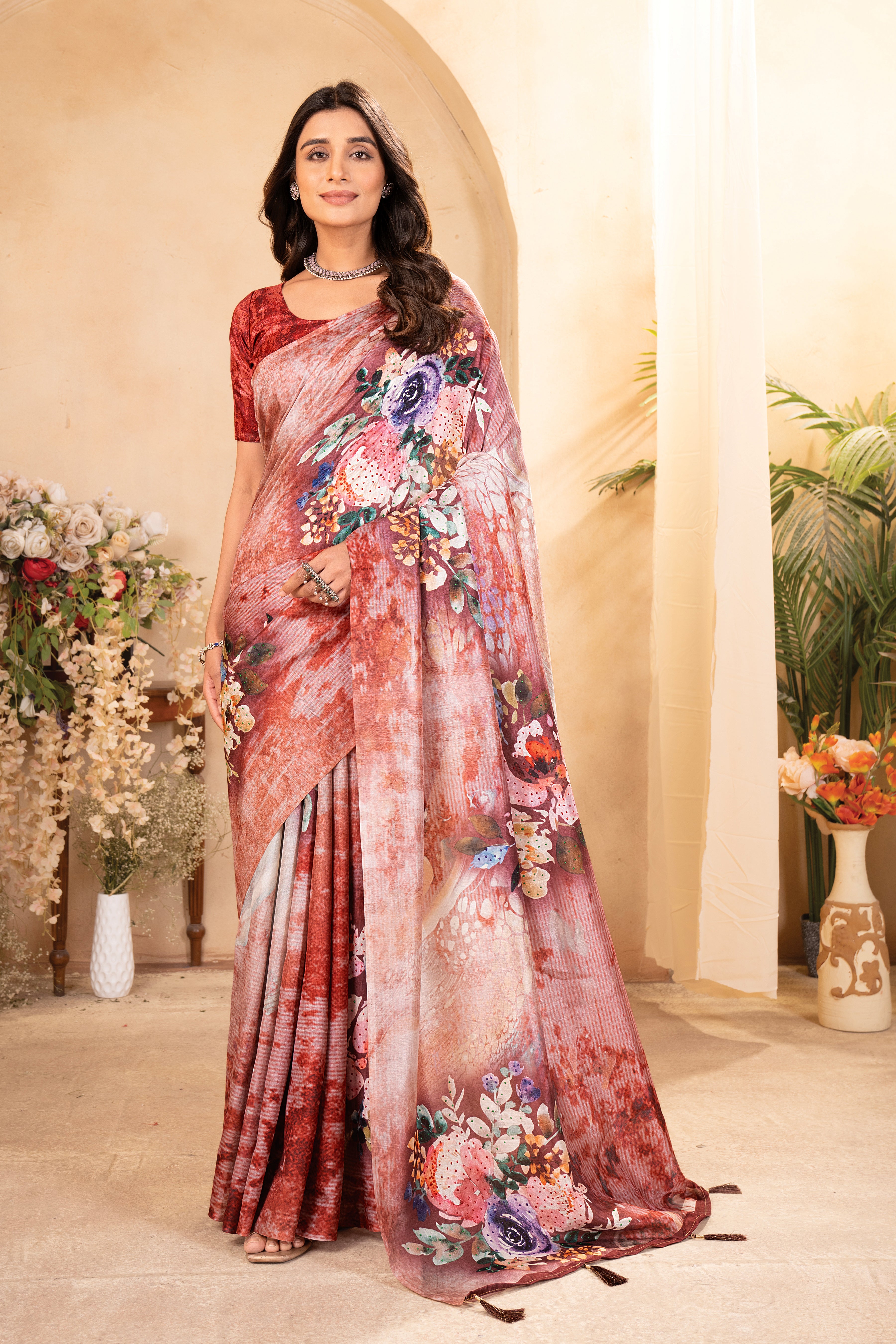 Orange Tussar Silk Floral Saree