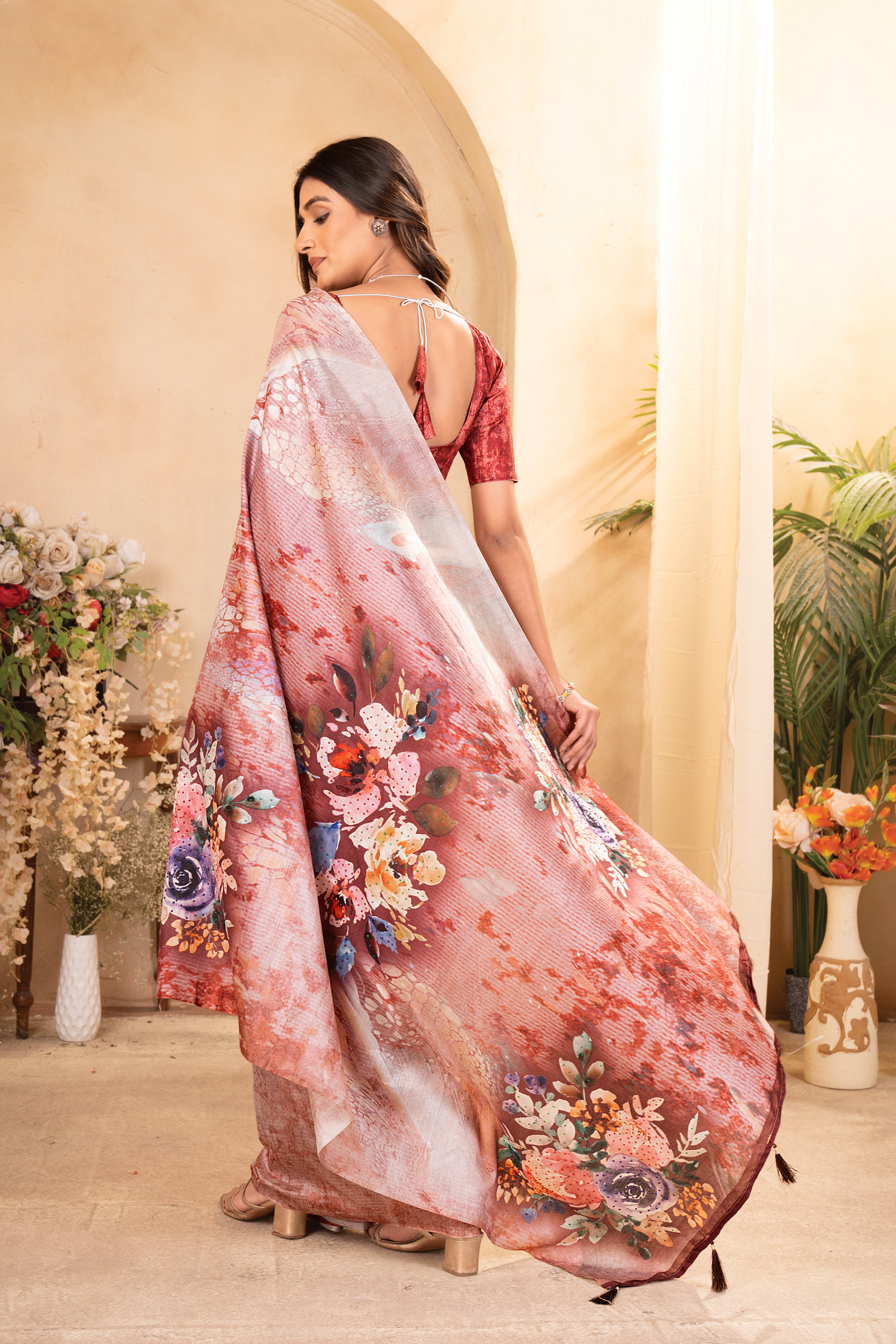 Orange Tussar Silk Floral Saree