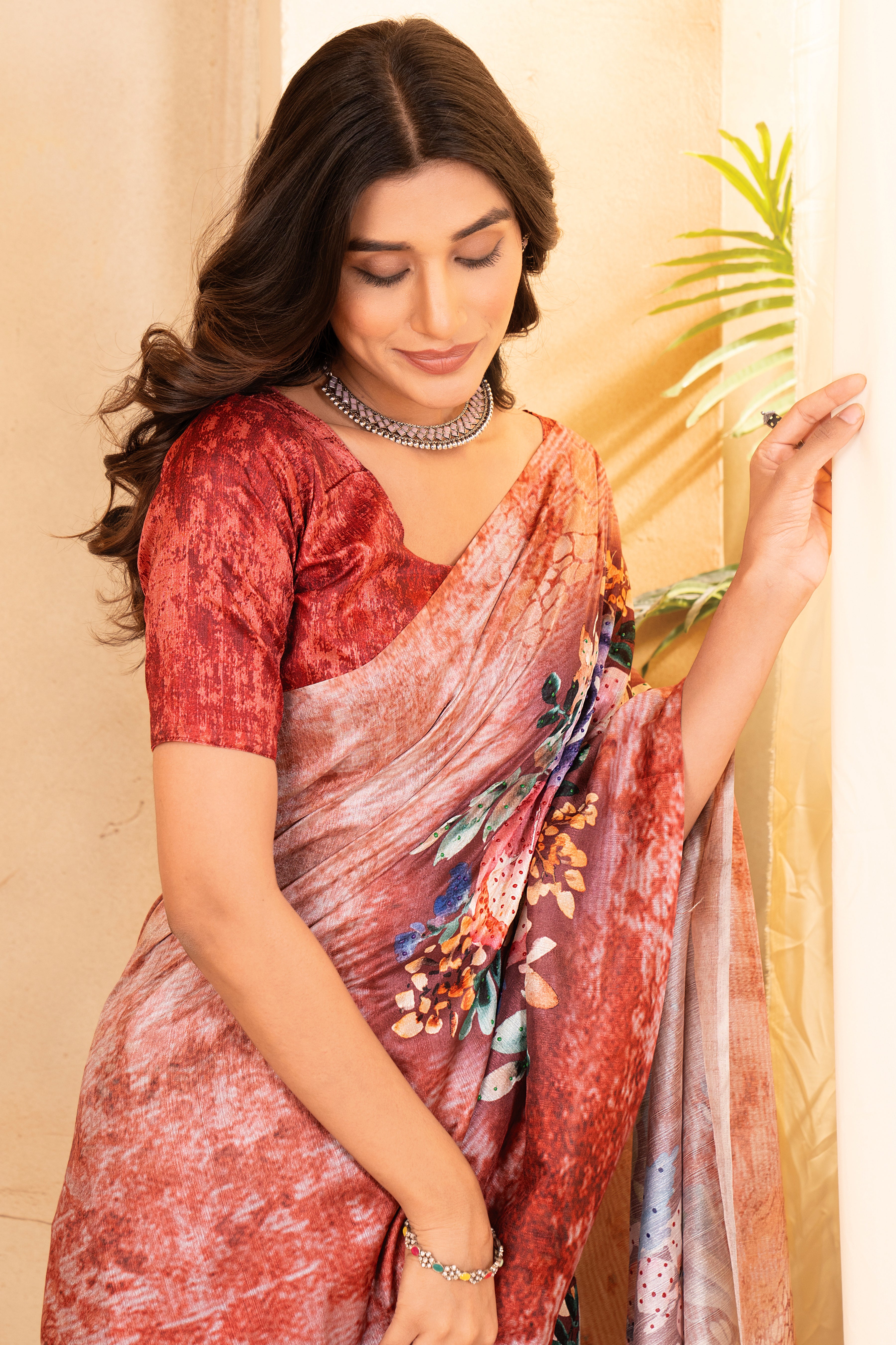 Orange Tussar Silk Floral Saree