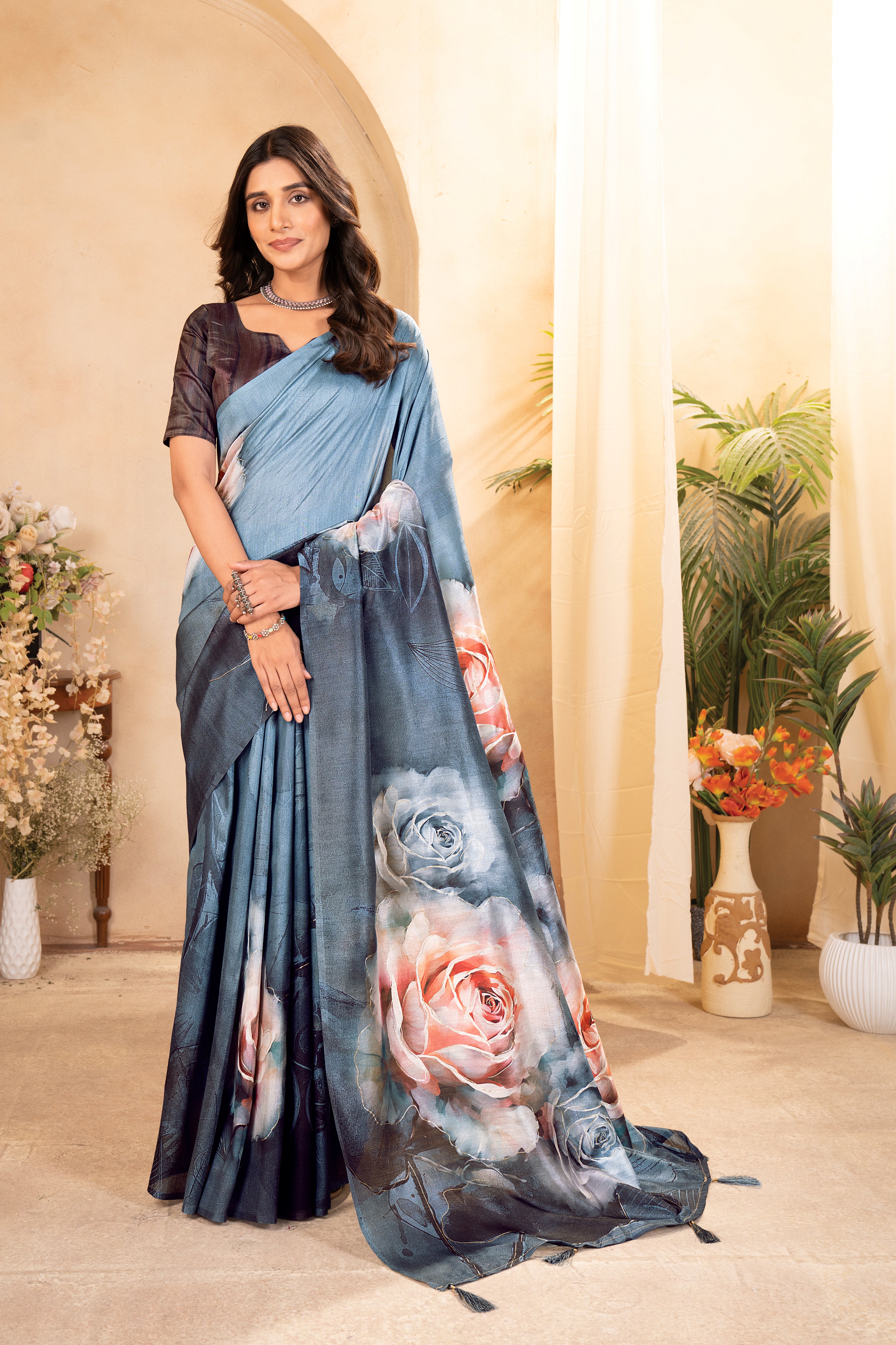 Blue Tussar Silk Floral Saree