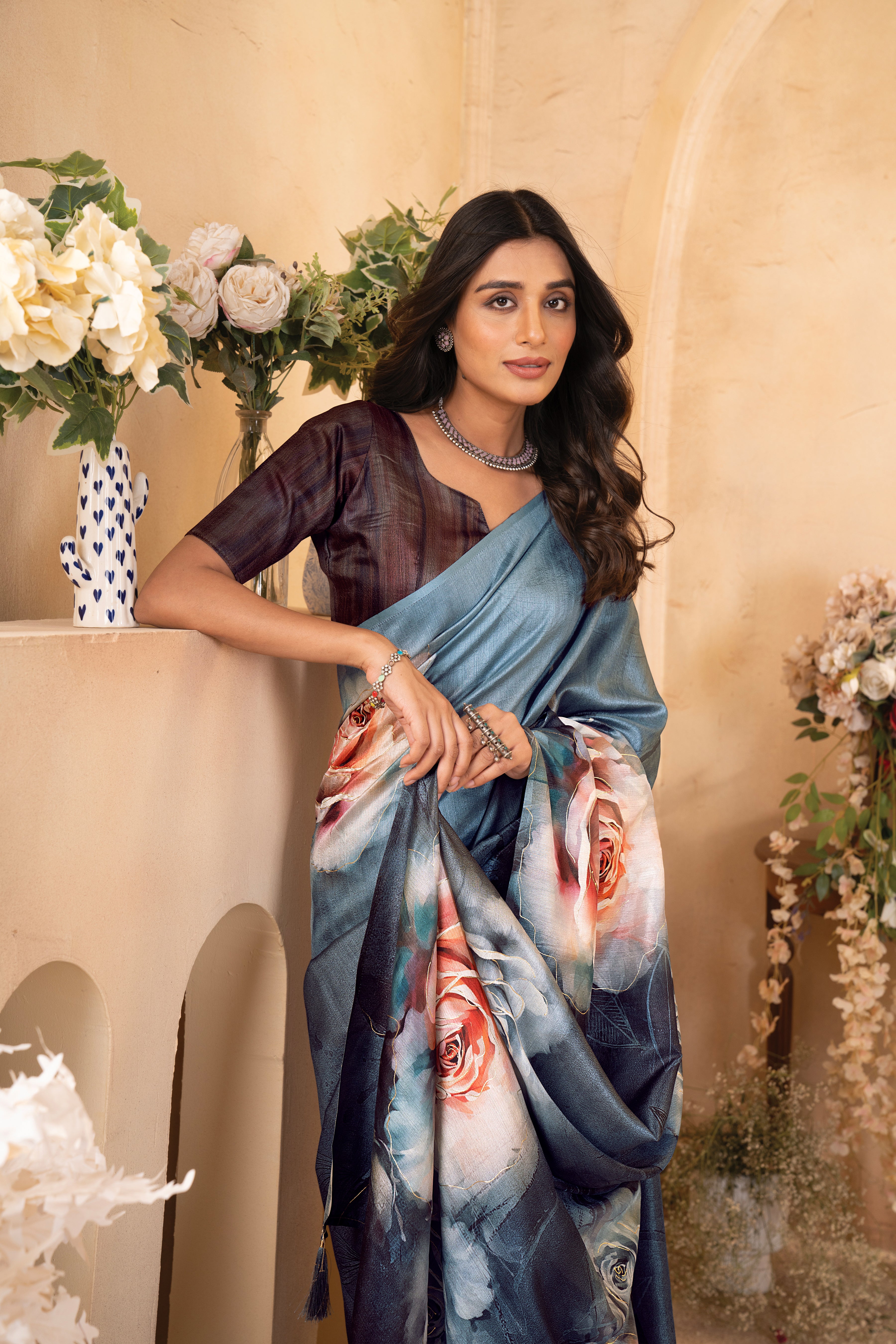 Blue Tussar Silk Floral Saree