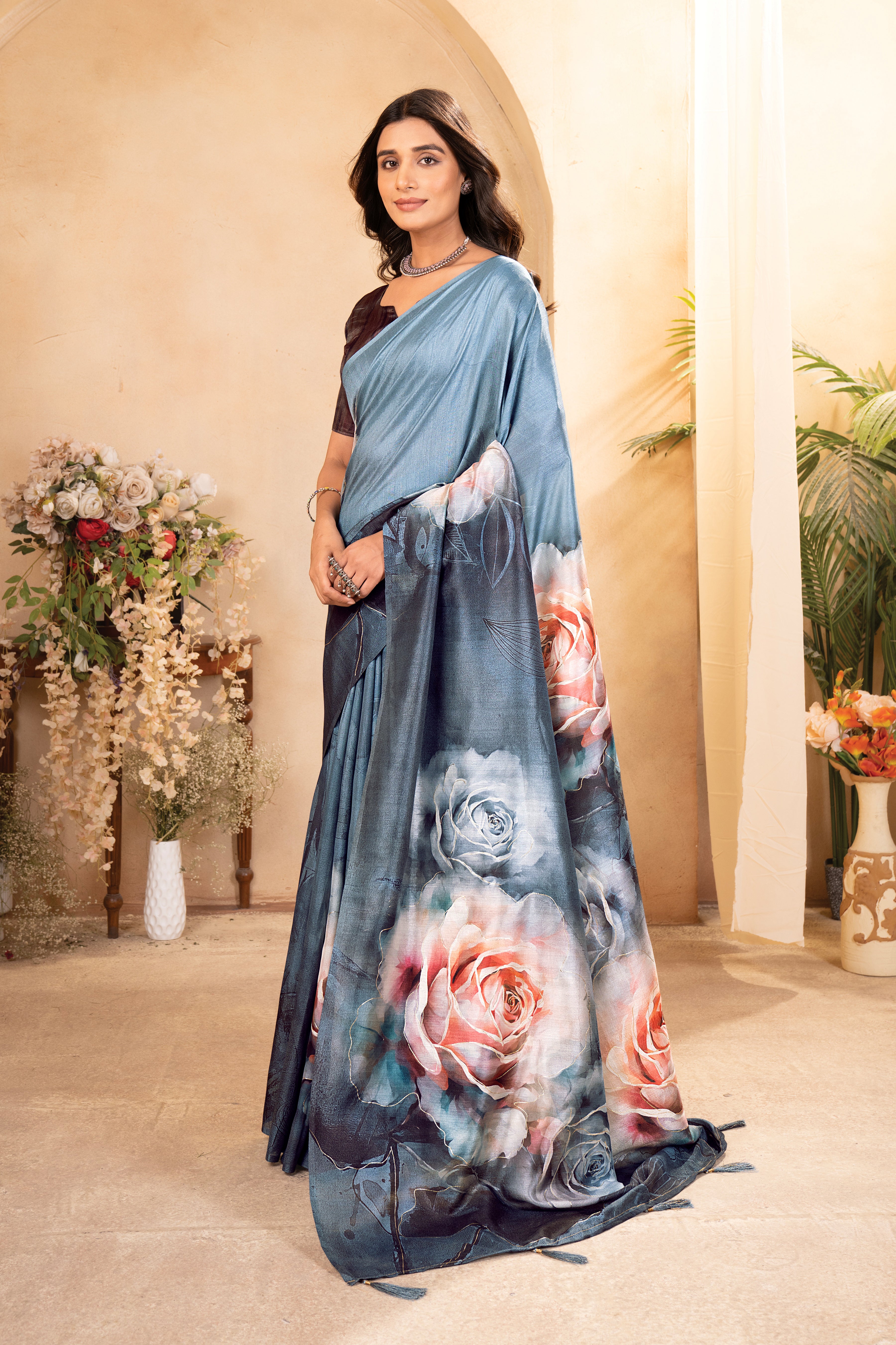 Blue Tussar Silk Floral Saree