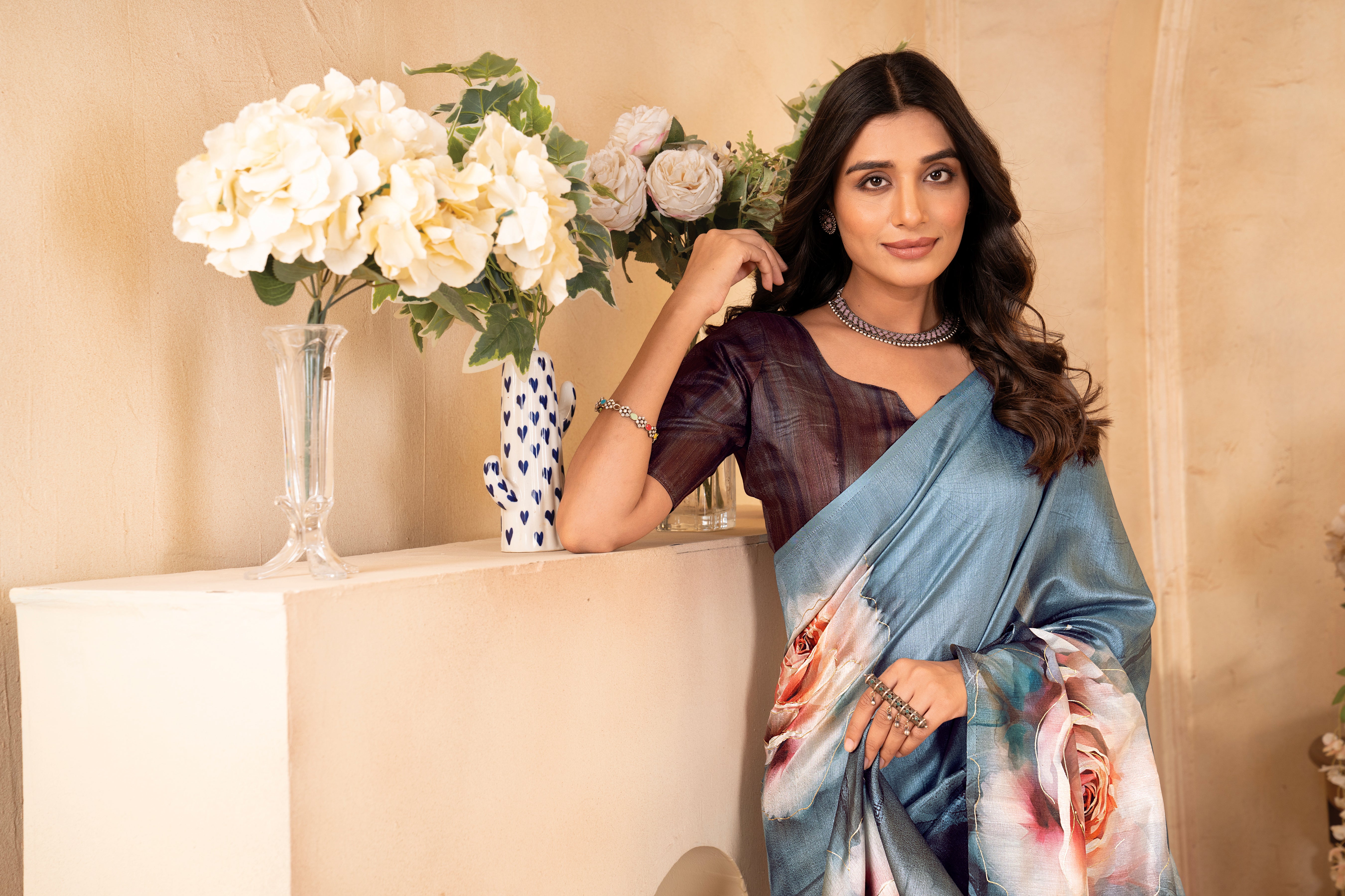 Blue Tussar Silk Floral Saree