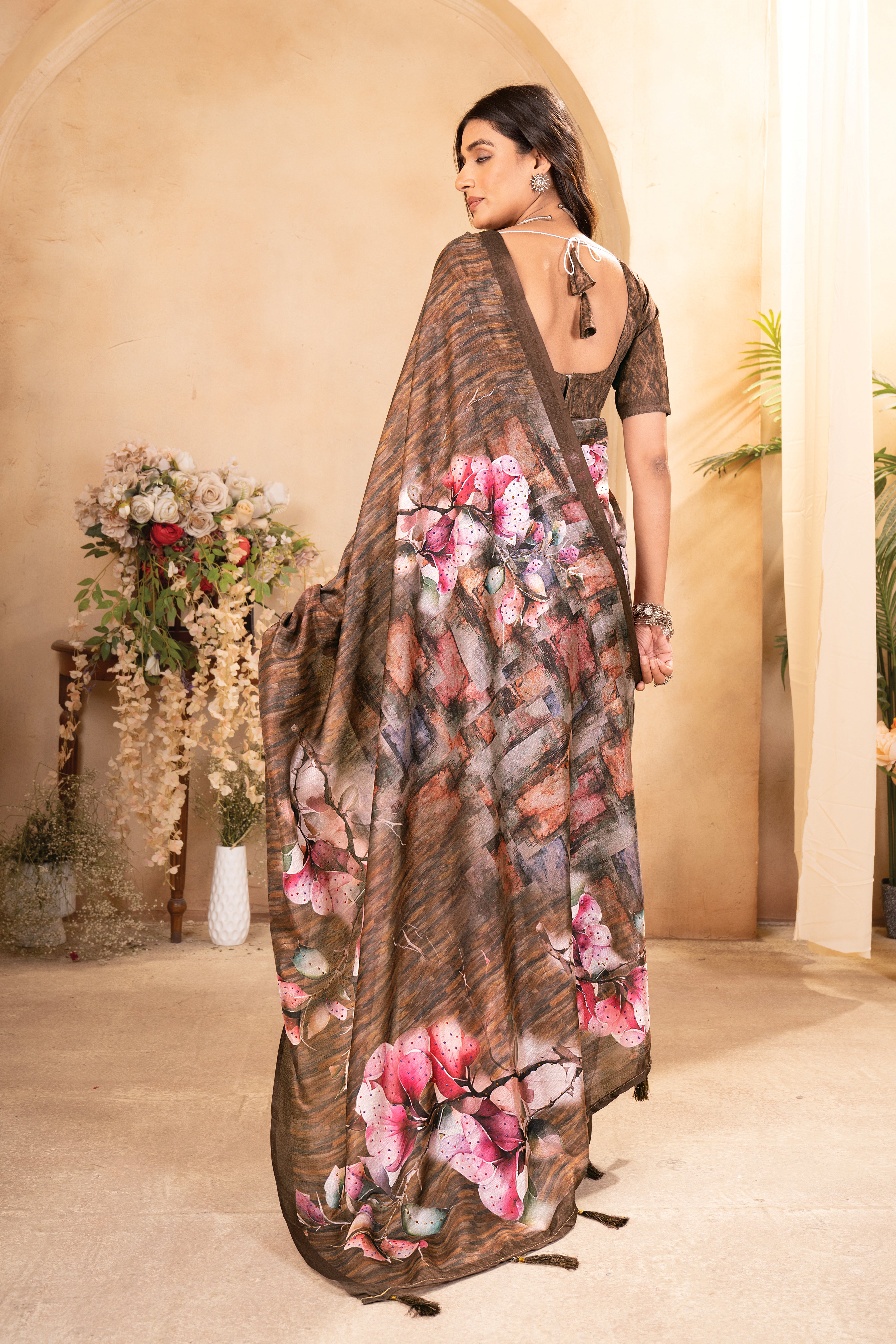 Brown Tussar Silk Floral Saree
