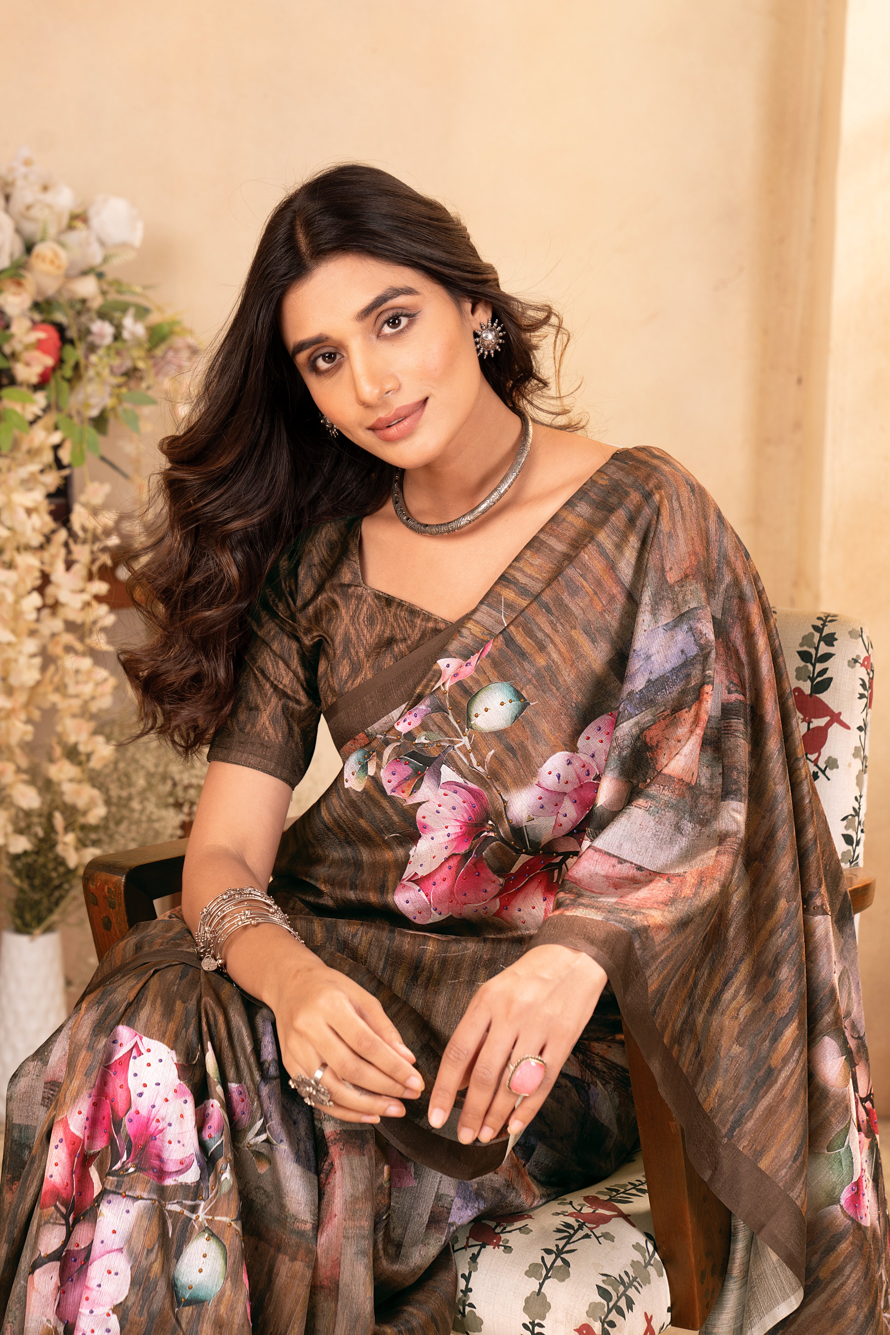 Brown Tussar Silk Floral Saree