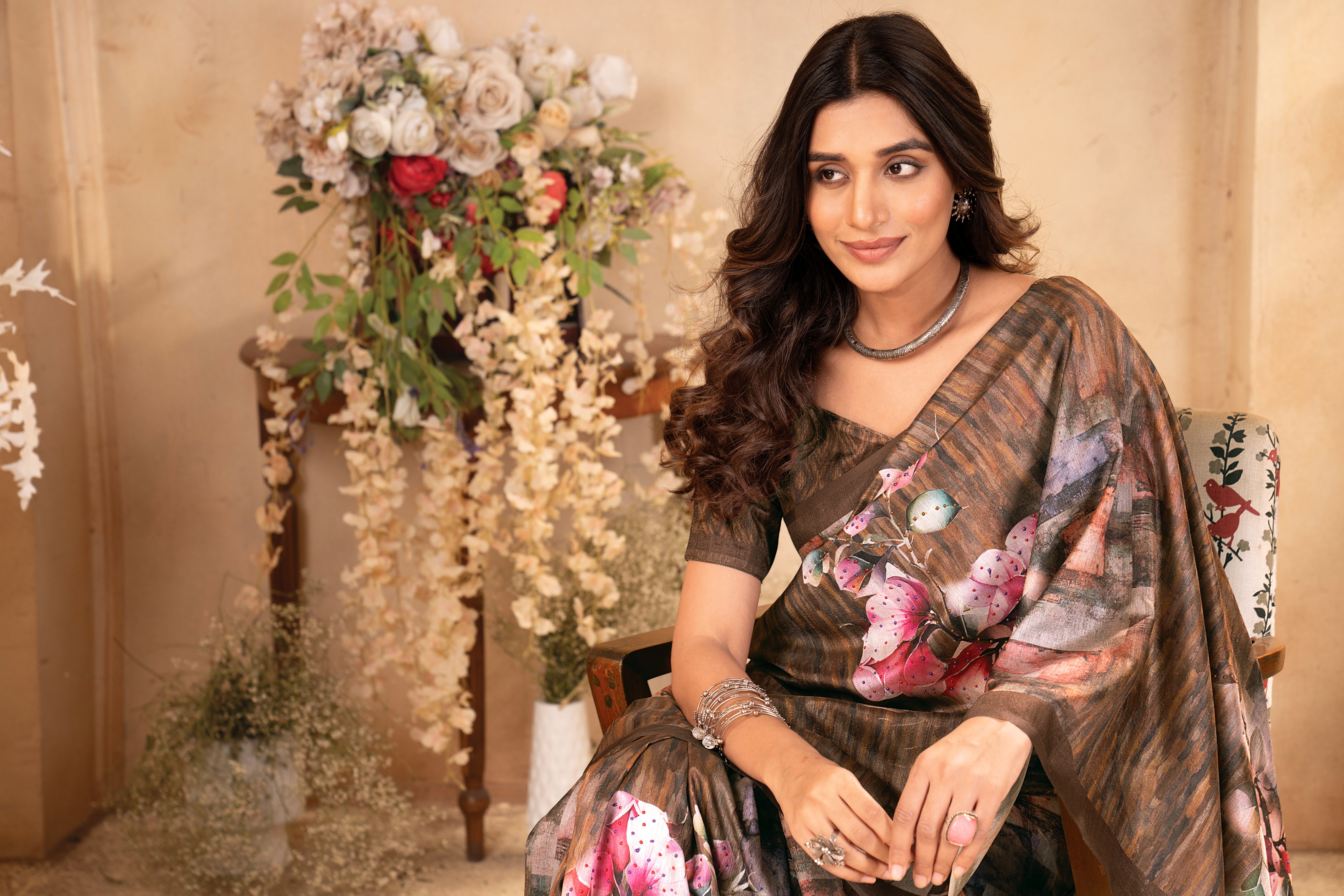 Brown Tussar Silk Floral Saree