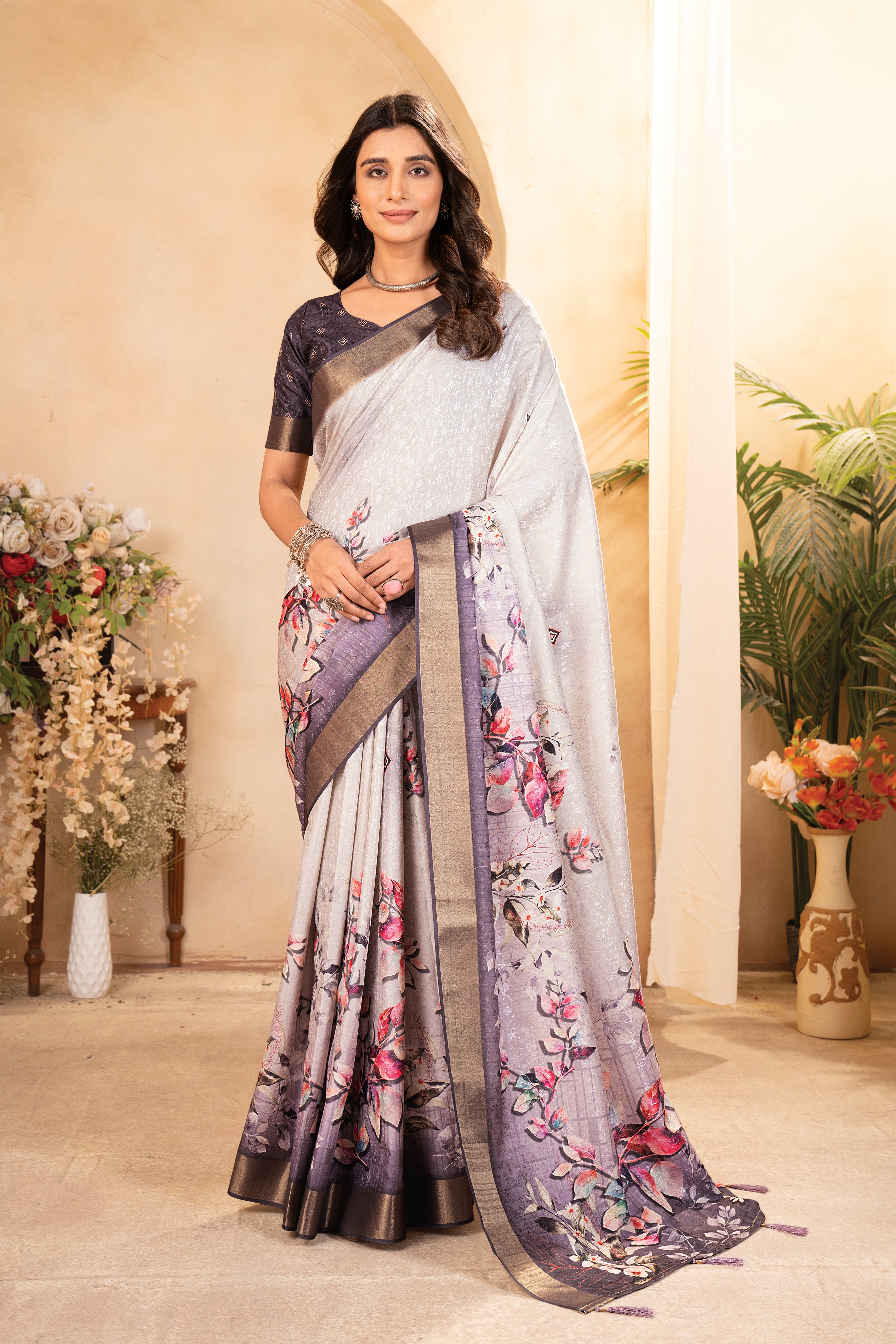 White Purple Floral Saree