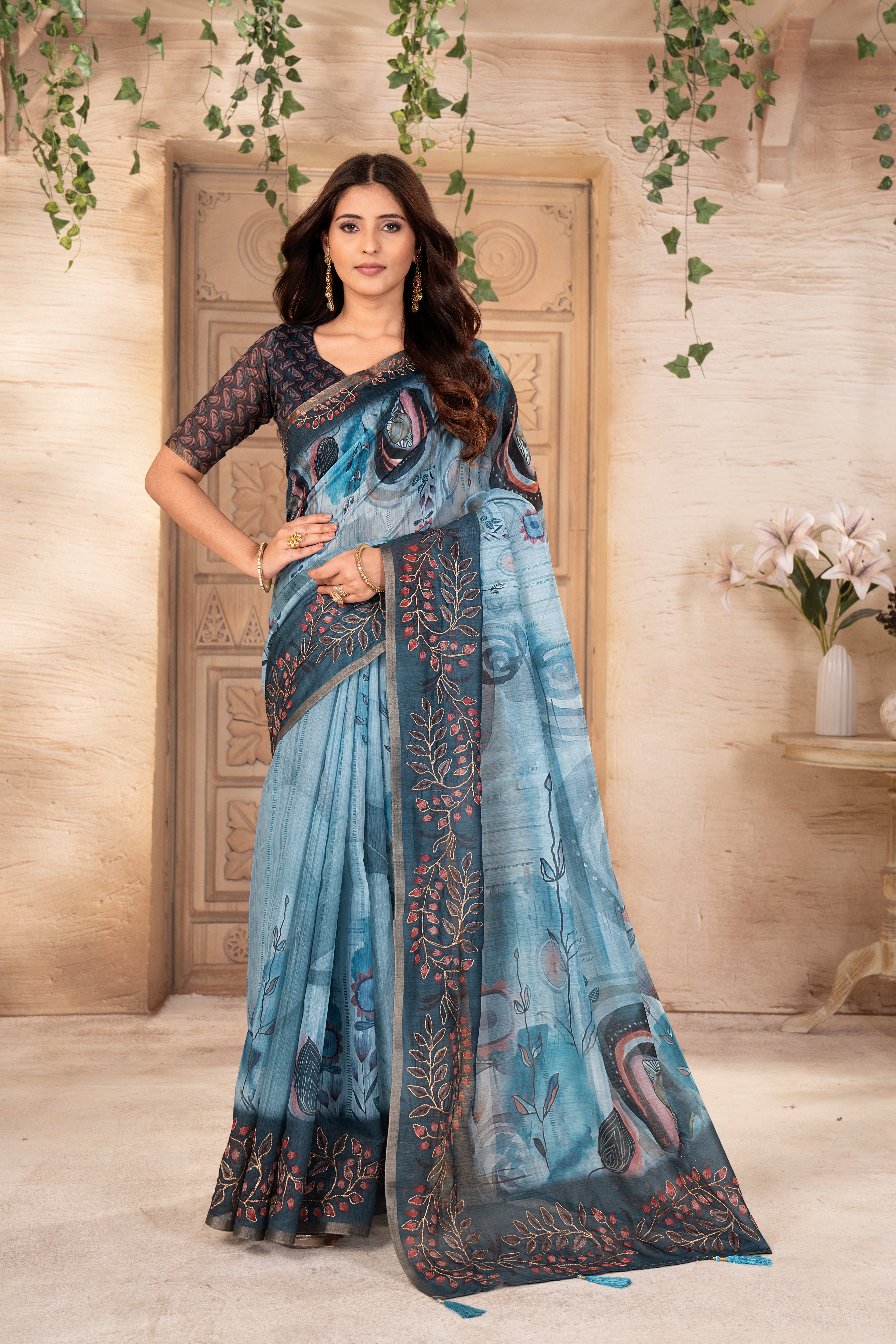 Firoza Flora Silk Chanderi Saree
