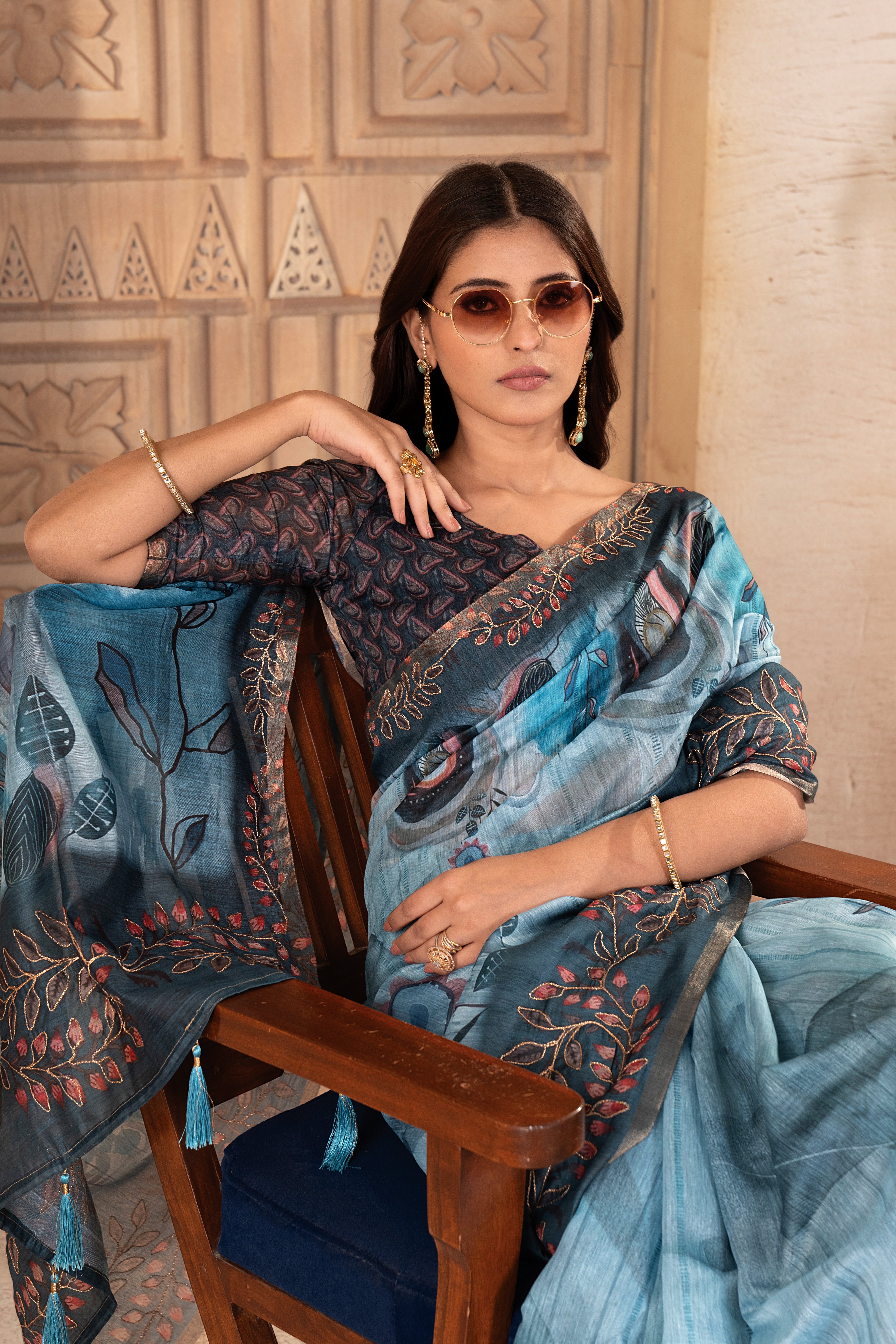 Firoza Flora Silk Chanderi Saree
