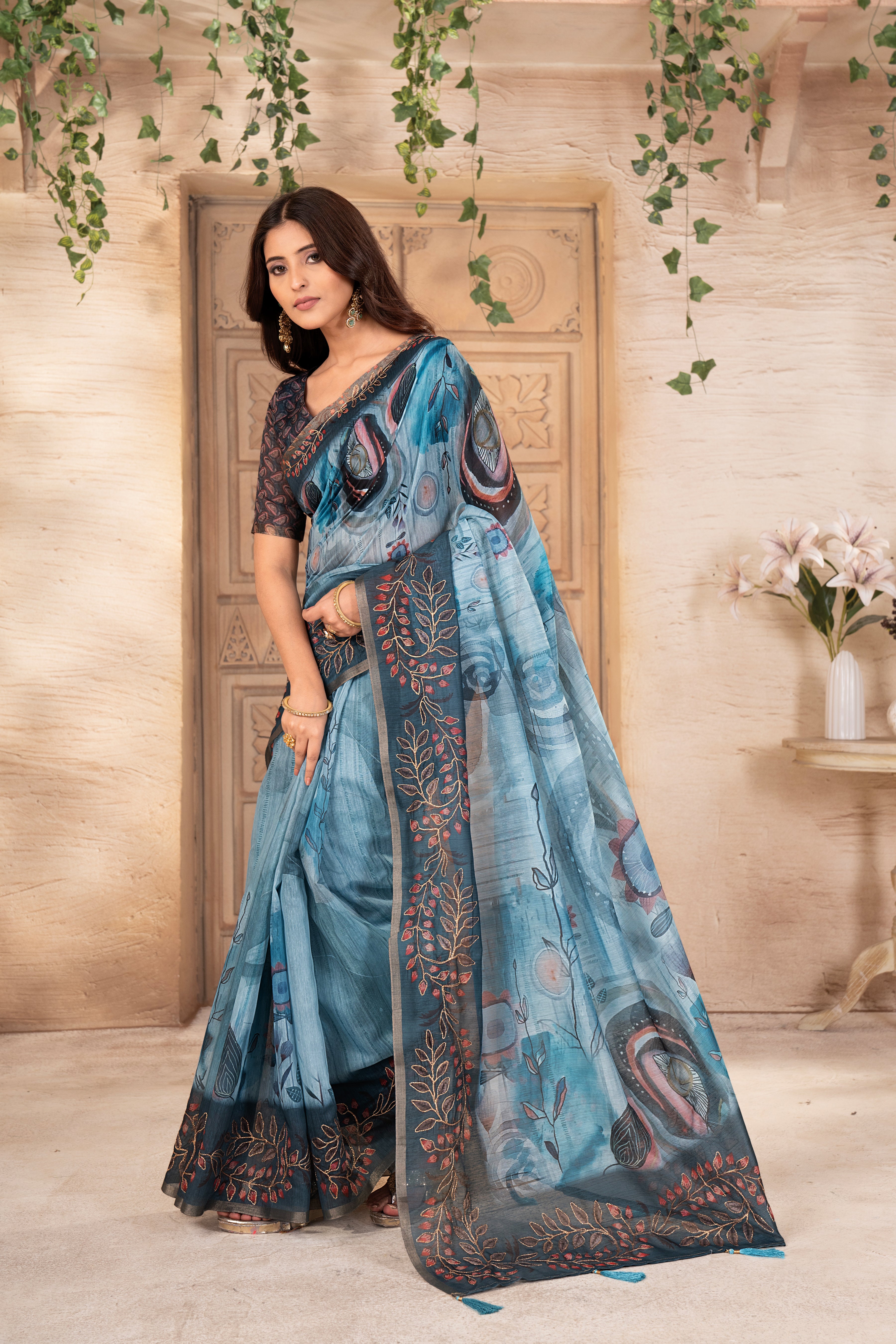 Firoza Flora Silk Chanderi Saree